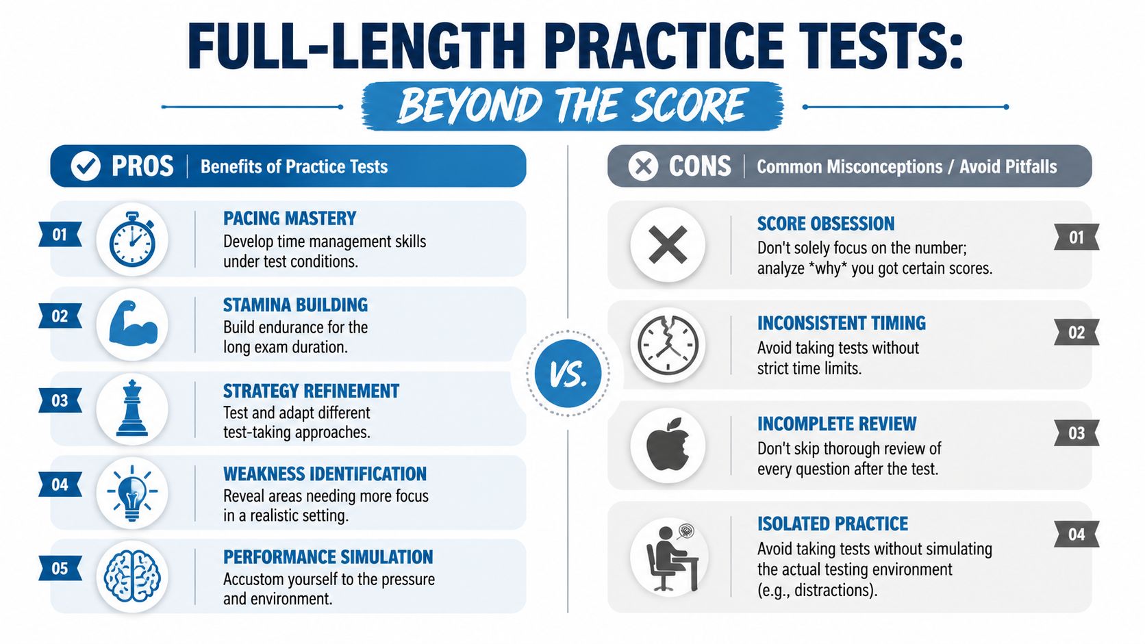 A comparison chart outlining the benefits of practice tests versus common mistakes to avoid during test prep.