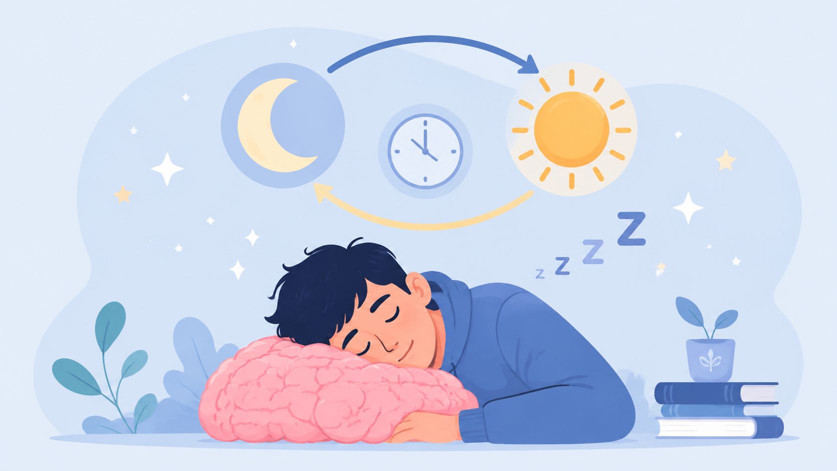 A person sleeping on a brain-shaped pillow representing the relationship between sleep, circadian rhythms, and cognitive function.