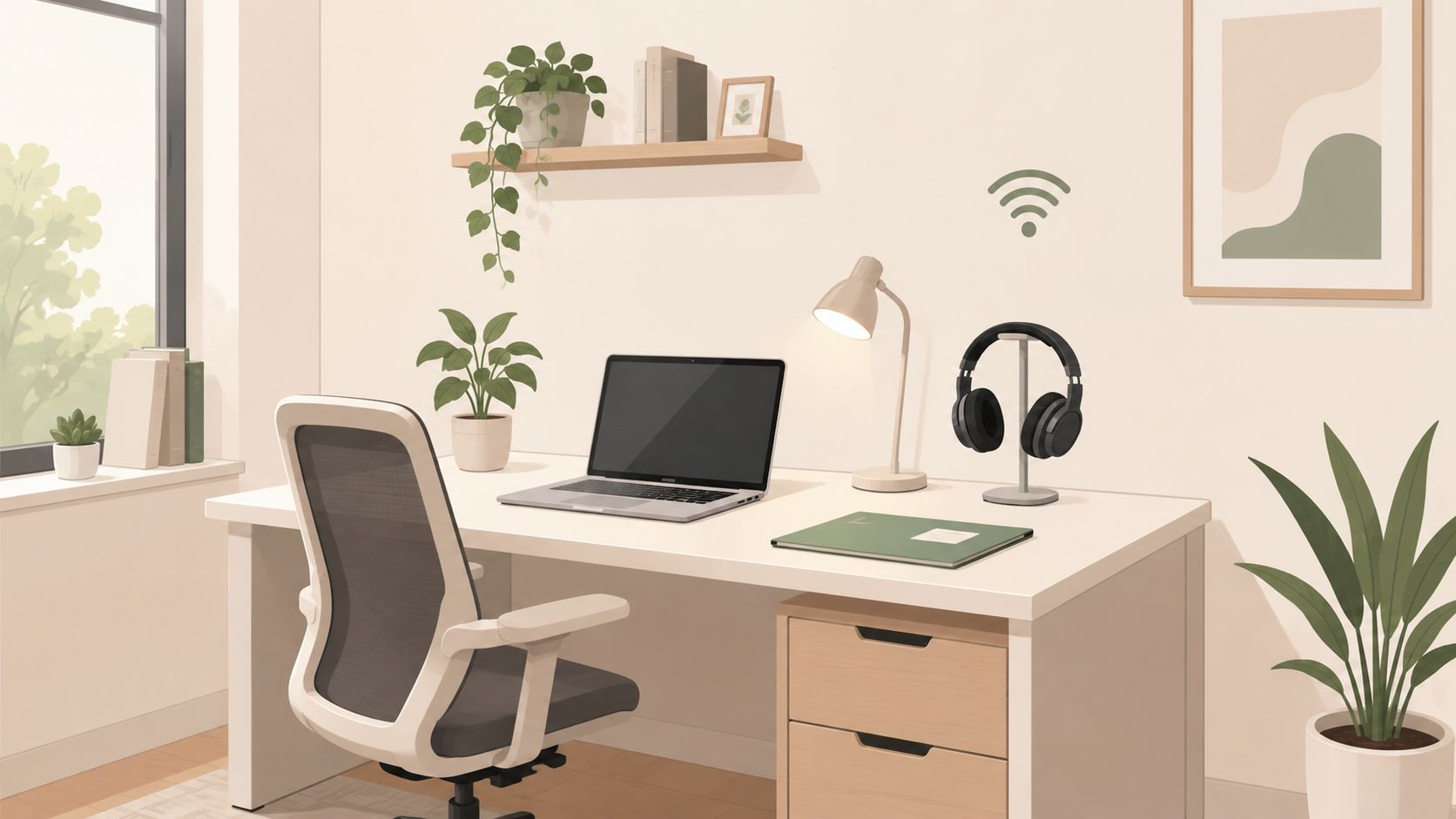 A modern and organized home office setup with a laptop on a desk, perfect for online learning environments.