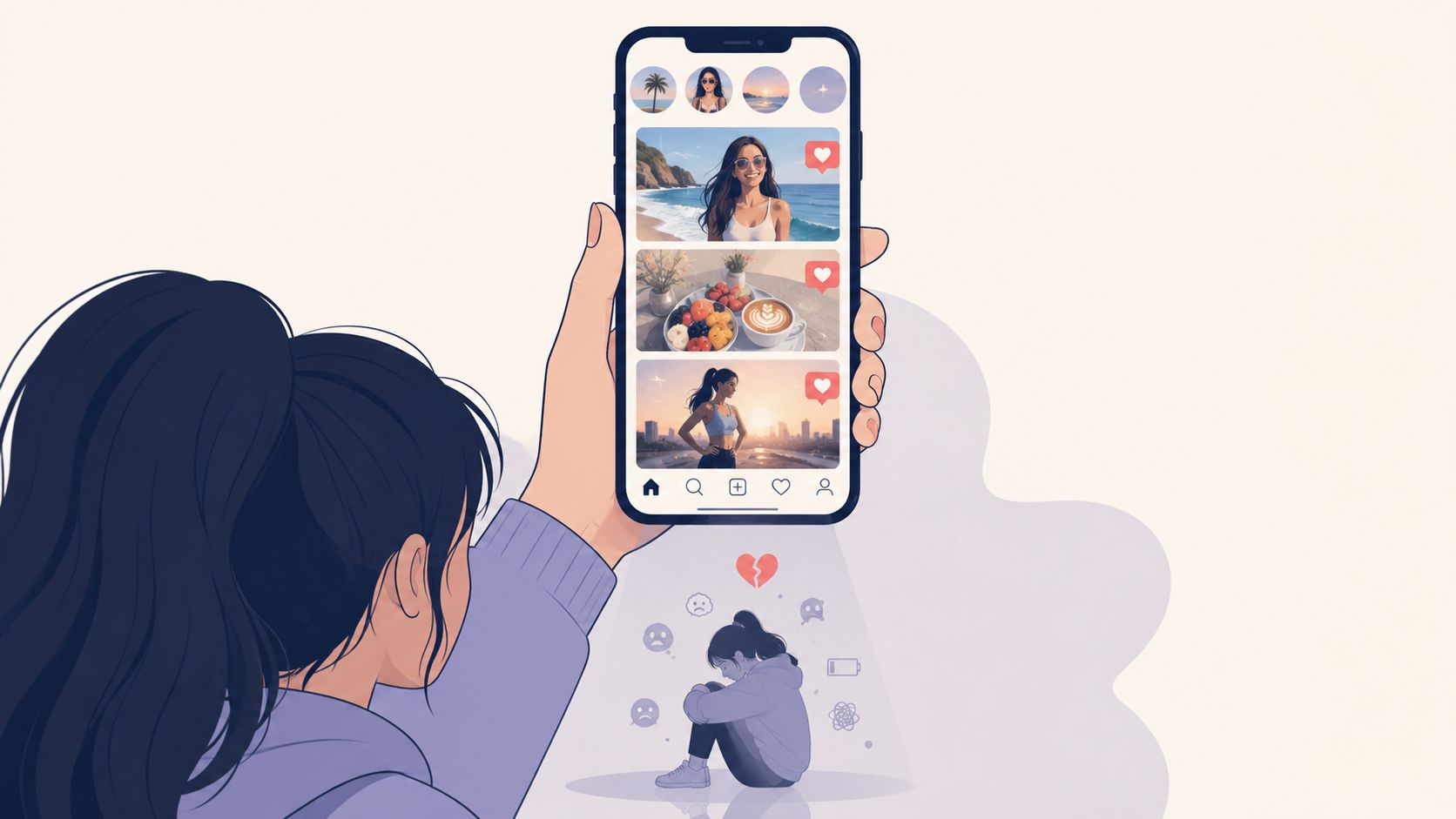 A person looking at a smartphone displaying a social media feed while feeling sad and lonely below.