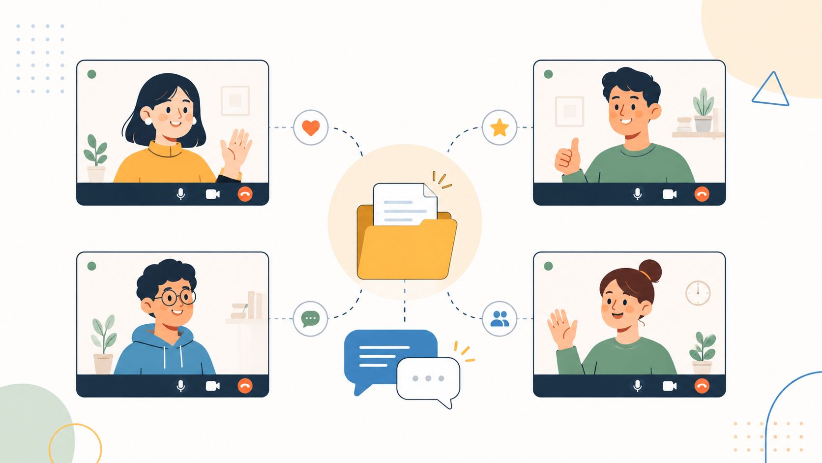 A group of diverse people in a video conference collaborating on shared digital files and documents.