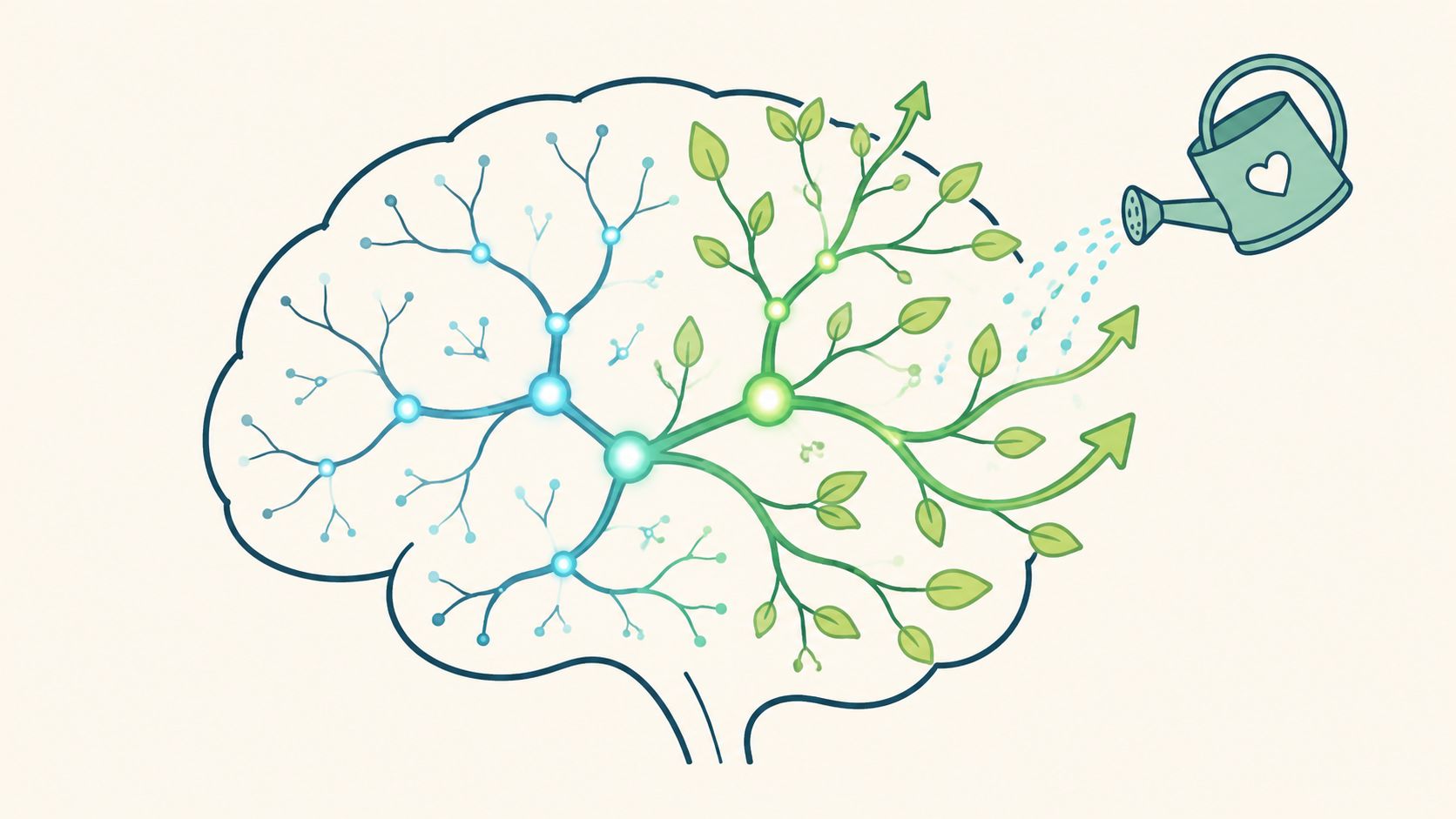 A conceptual illustration of a brain representing personal growth, nurtured by a watering can with love.