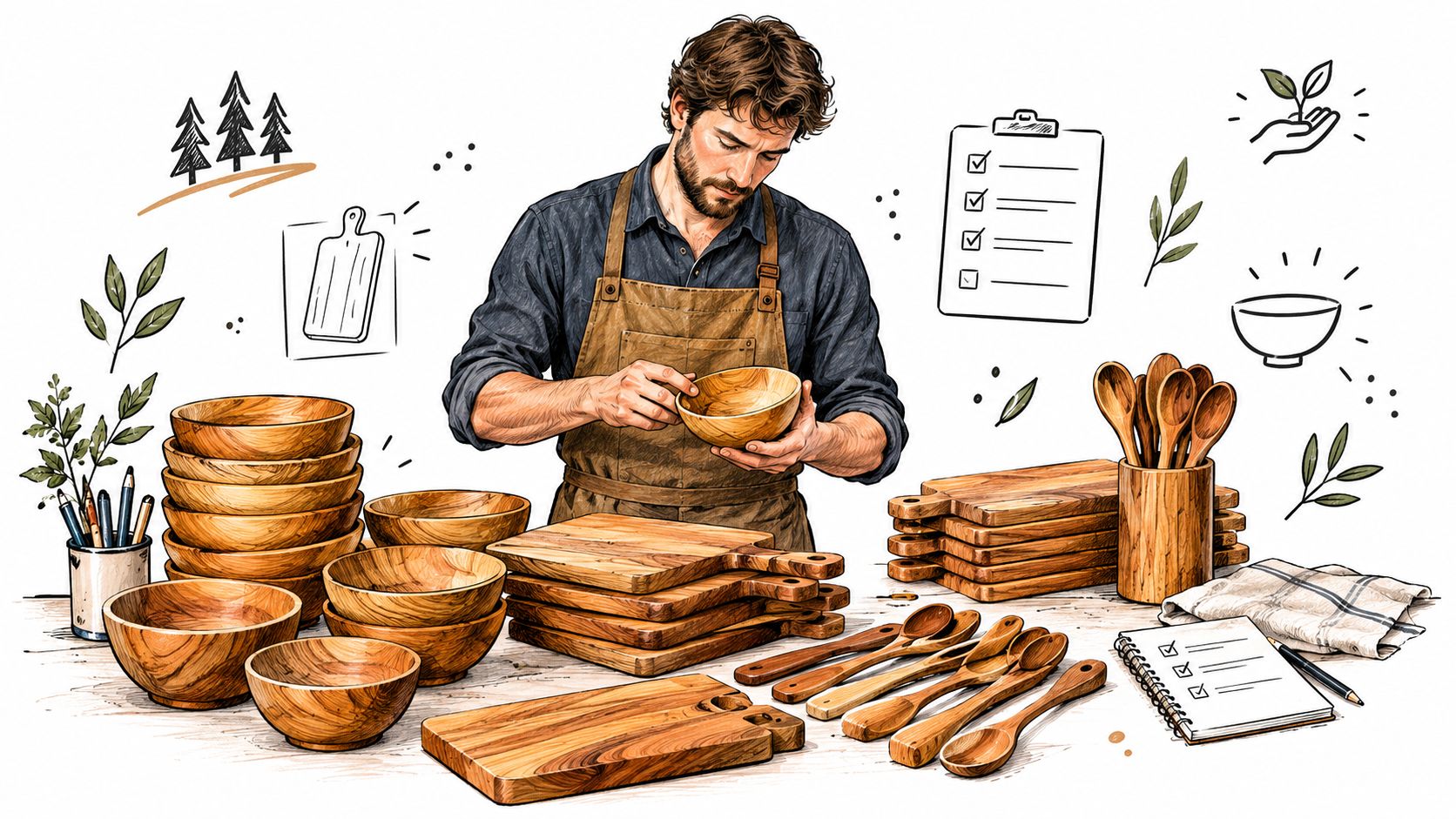 A craftsman inspecting a handmade wooden bowl at a table filled with various artisan wooden kitchenware.