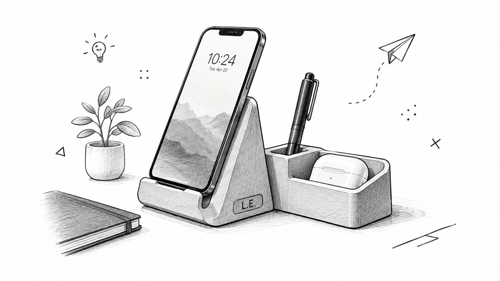 A pencil sketch of a 3D printed phone stand and desk organizer holding a smartphone and pen.