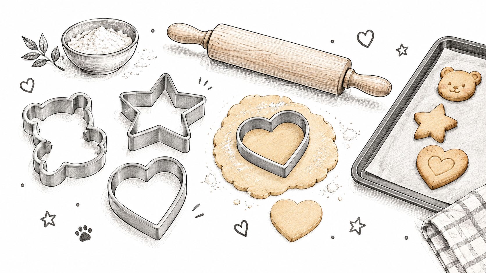 A hand-drawn illustration showing cookie cutters, dough, a rolling pin, and baked cookies on a baking sheet.