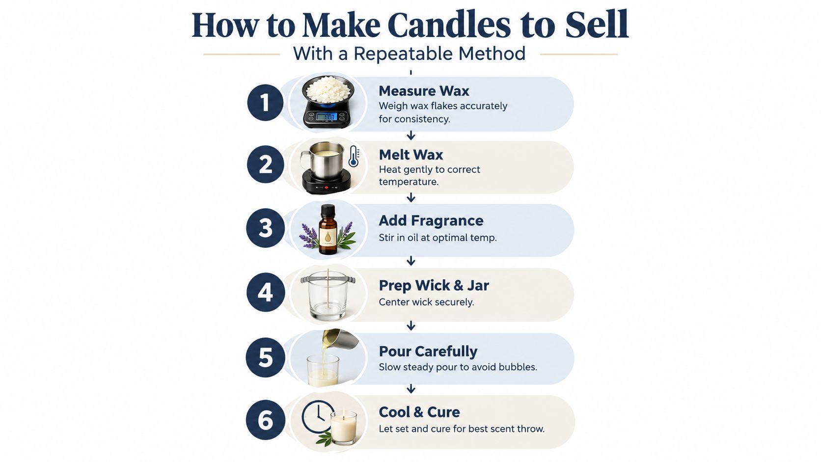 A step-by-step infographic showing six simple stages to make professional quality candles for selling.