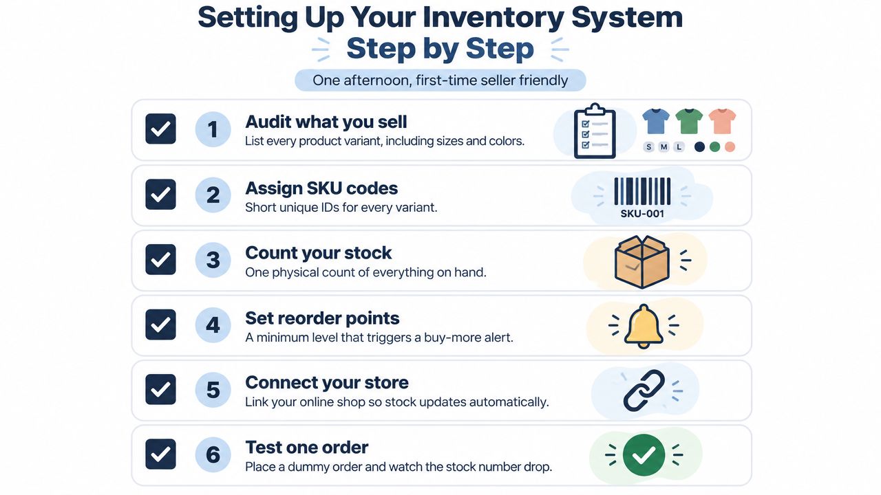 A six-step infographic guide for setting up an inventory management system for online retail businesses.