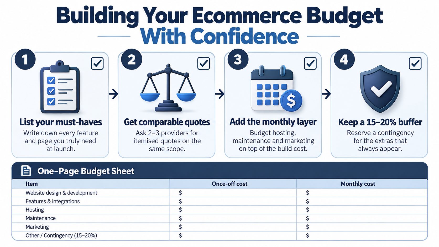 A step-by-step infographic titled Building Your Ecommerce Budget with a template for planning website project costs.