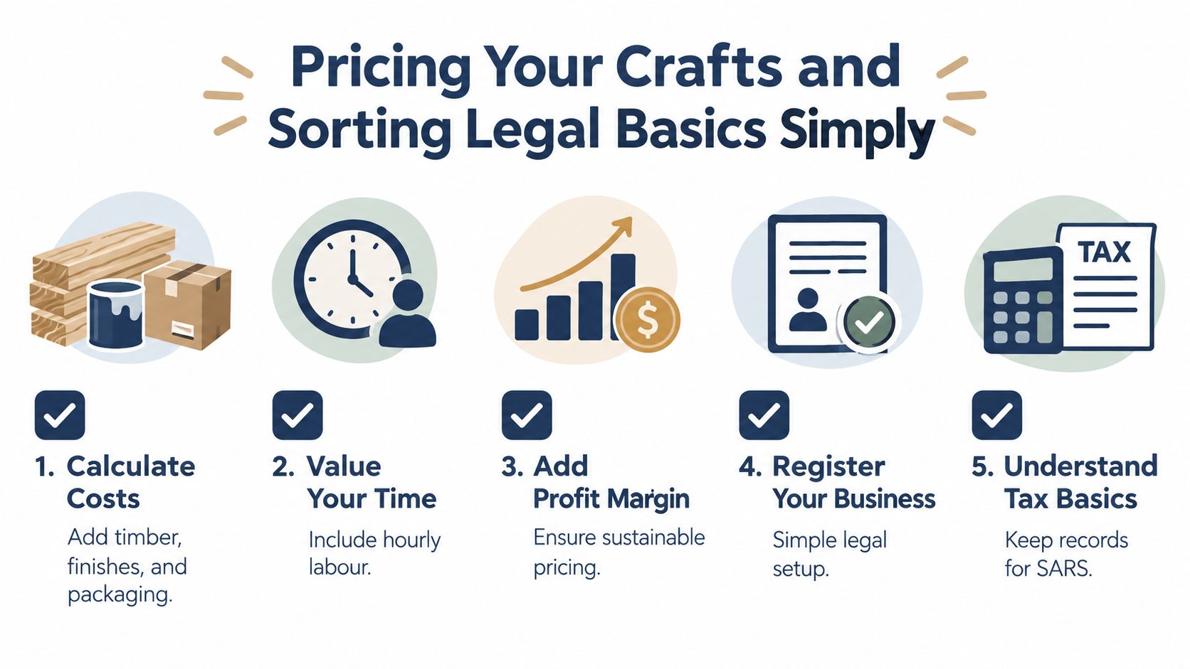 An infographic outlining five steps for pricing crafts and managing business and tax basics for artisans.