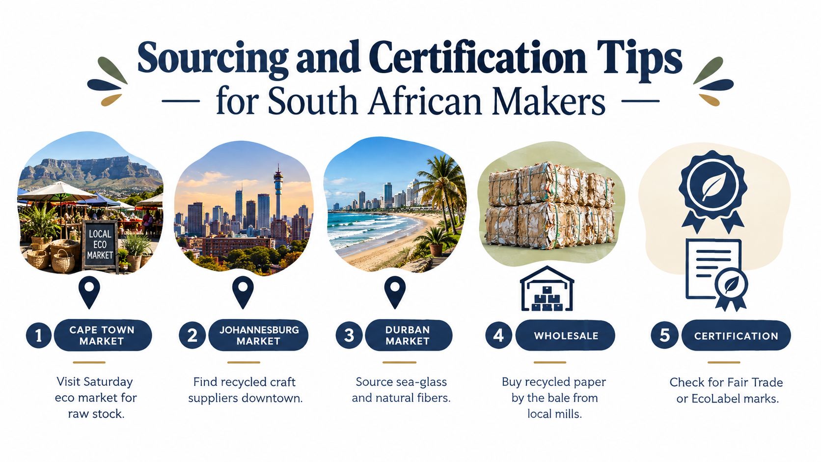 An infographic titled Sourcing and Certification Tips for South African Makers with five numbered steps for sustainable production.