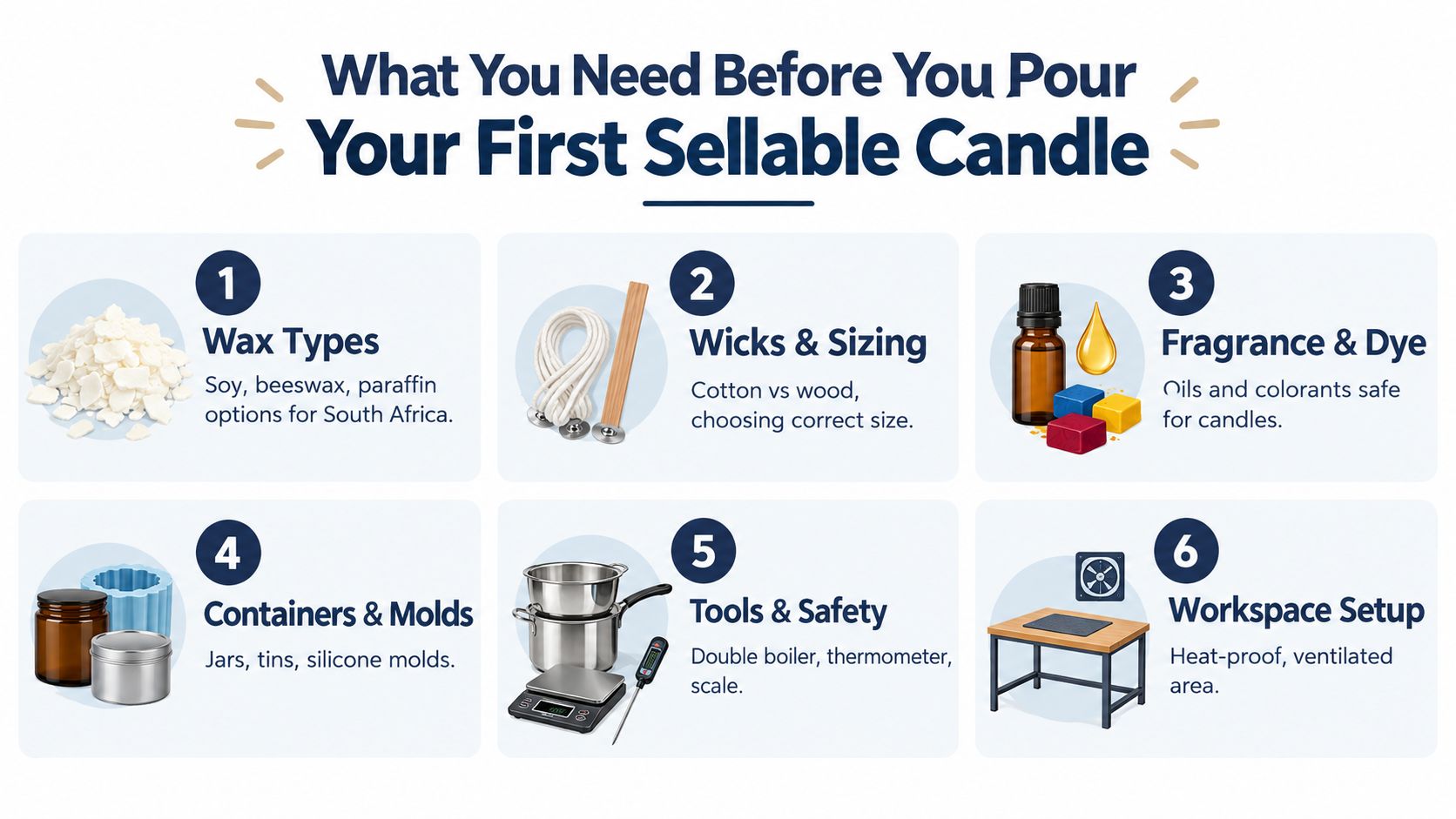 A checklist infographic detailing the essential supplies required for making sellable candles, including wax, wicks, and safety tools.