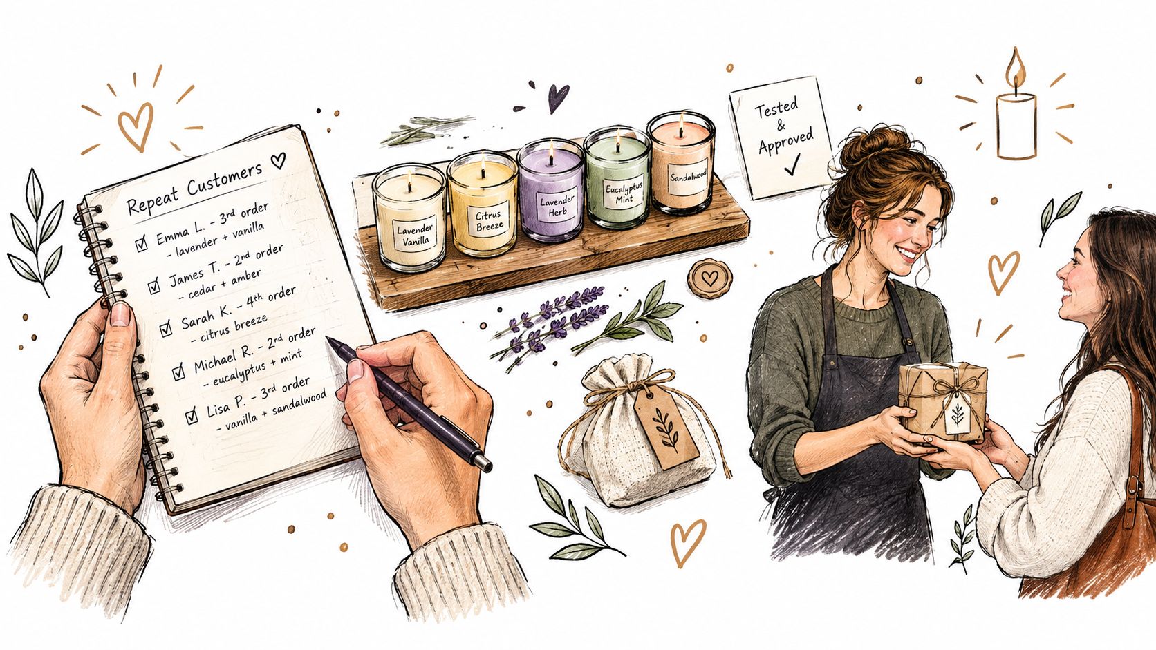 A warm, illustrated scene depicting a business owner managing candle orders and gift-wrapping a candle for a customer.