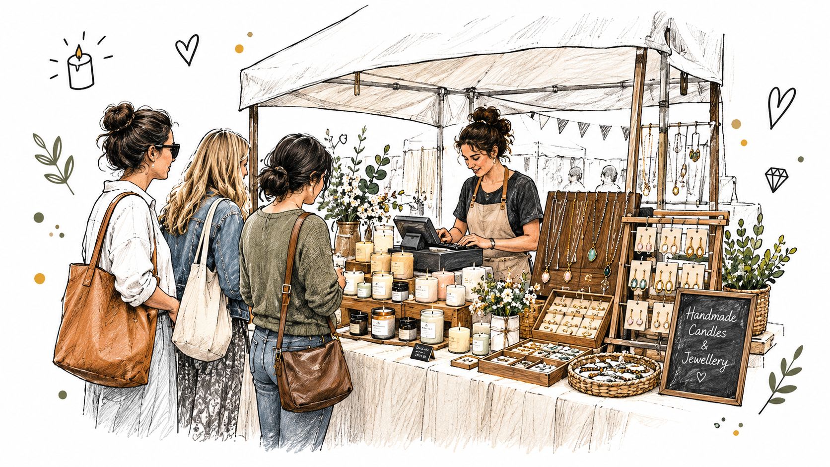 A smiling artisan sells handmade candles and jewelry to three women at an outdoor market stall.