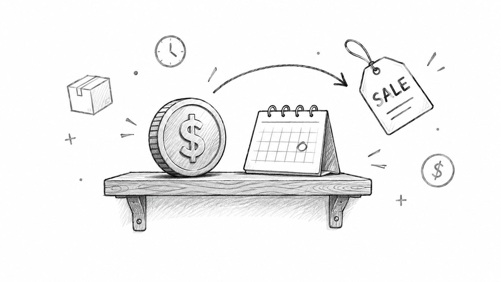A sketched illustration showing a coin and a calendar on a shelf, pointing towards a sale tag.