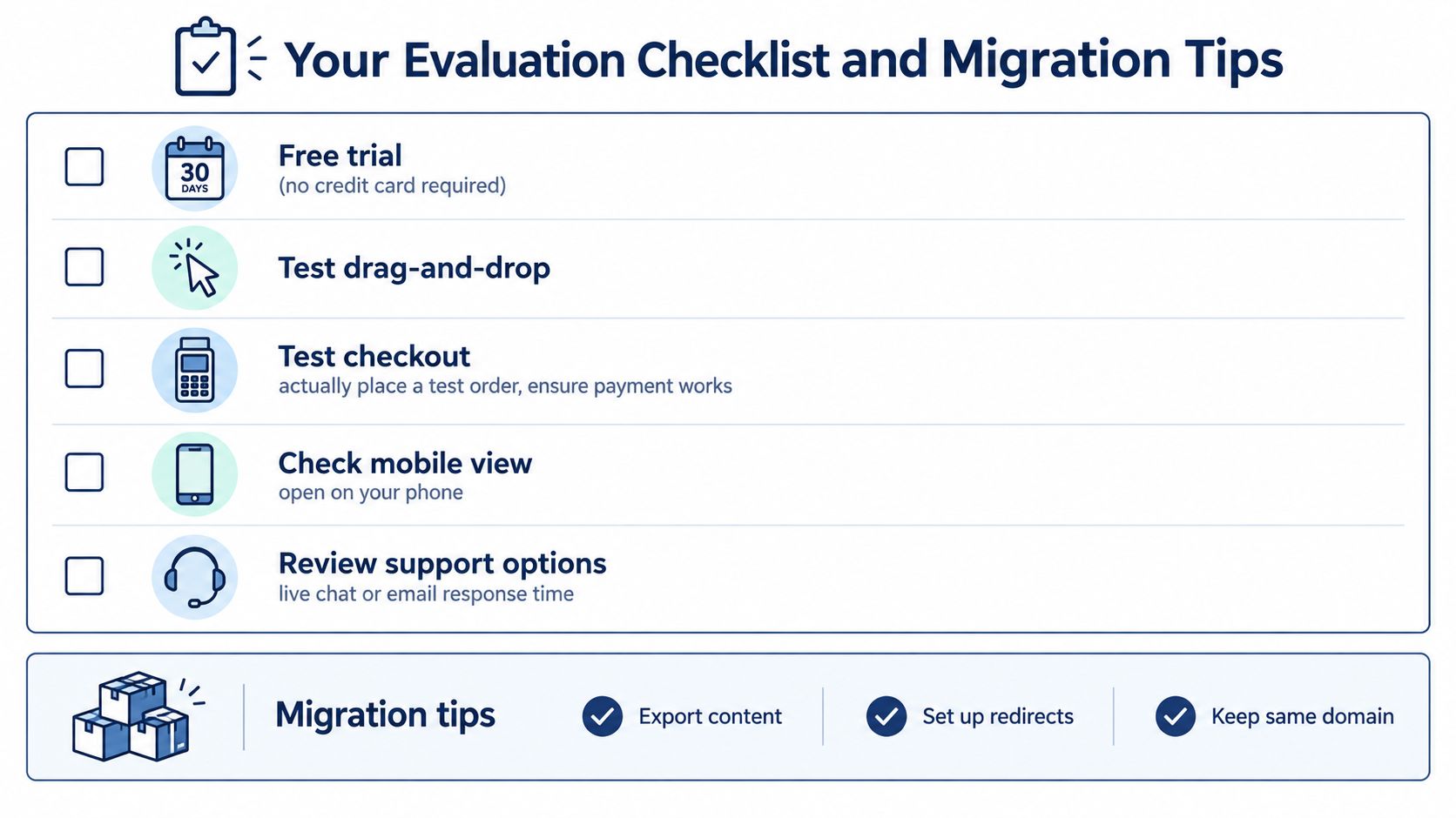 A checklist for evaluating website builders followed by migration tips for switching to a new platform.