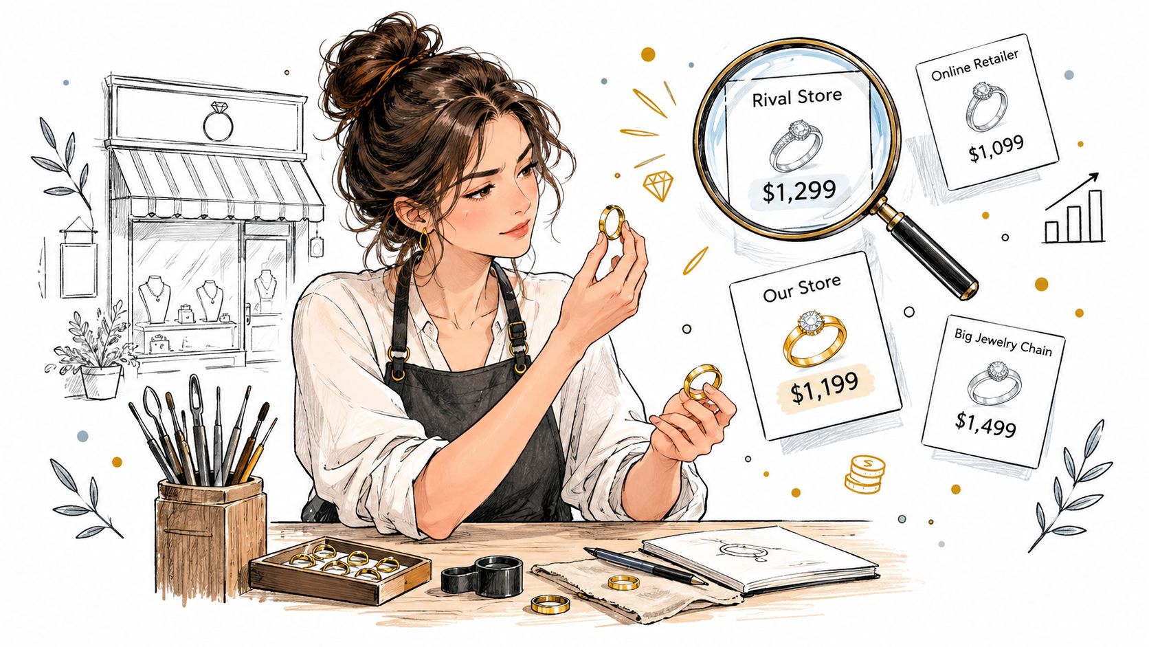 A professional jeweler comparing ring prices from various retailers while working at a wooden craft bench.
