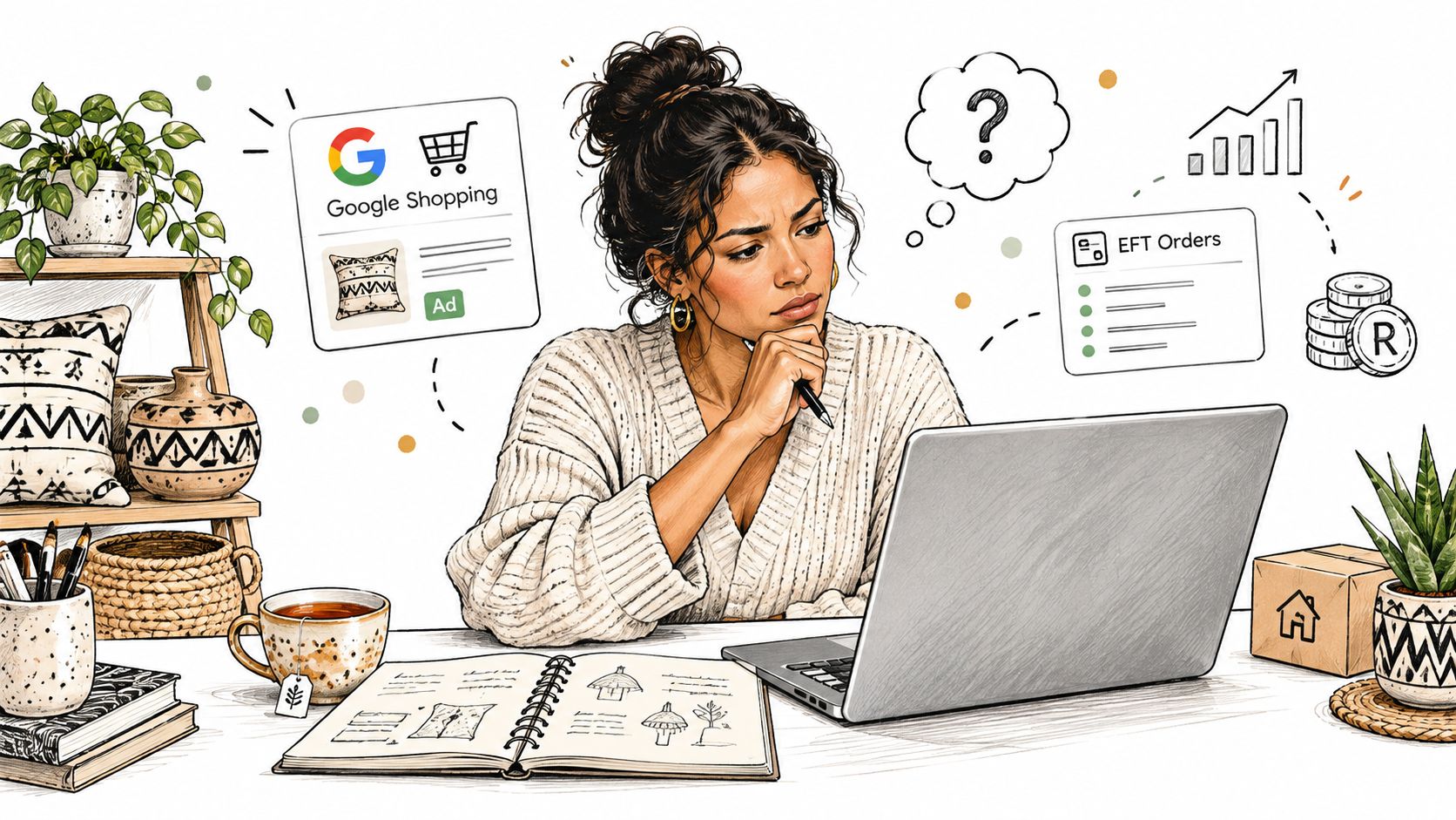 A businesswoman contemplating Google Shopping ads and financial growth while working on a laptop at her desk.