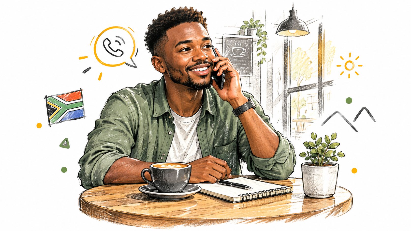 A smiling young man in a green shirt talks on a smartphone at a cozy cafe table.