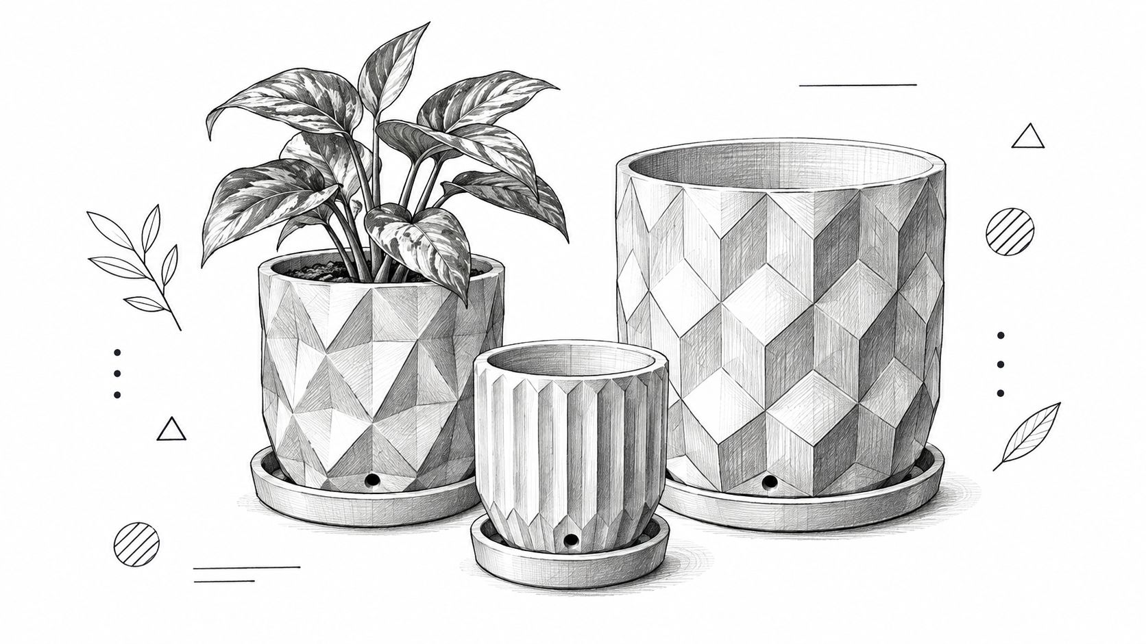 A pencil sketch of three geometric plant pots, one containing a houseplant, with decorative minimalist graphic elements.
