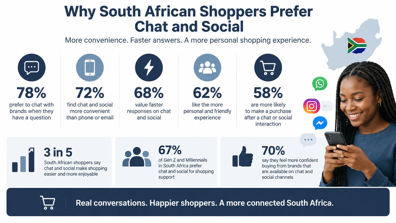 An infographic showing statistics on why South African shoppers prefer using chat and social media for shopping.