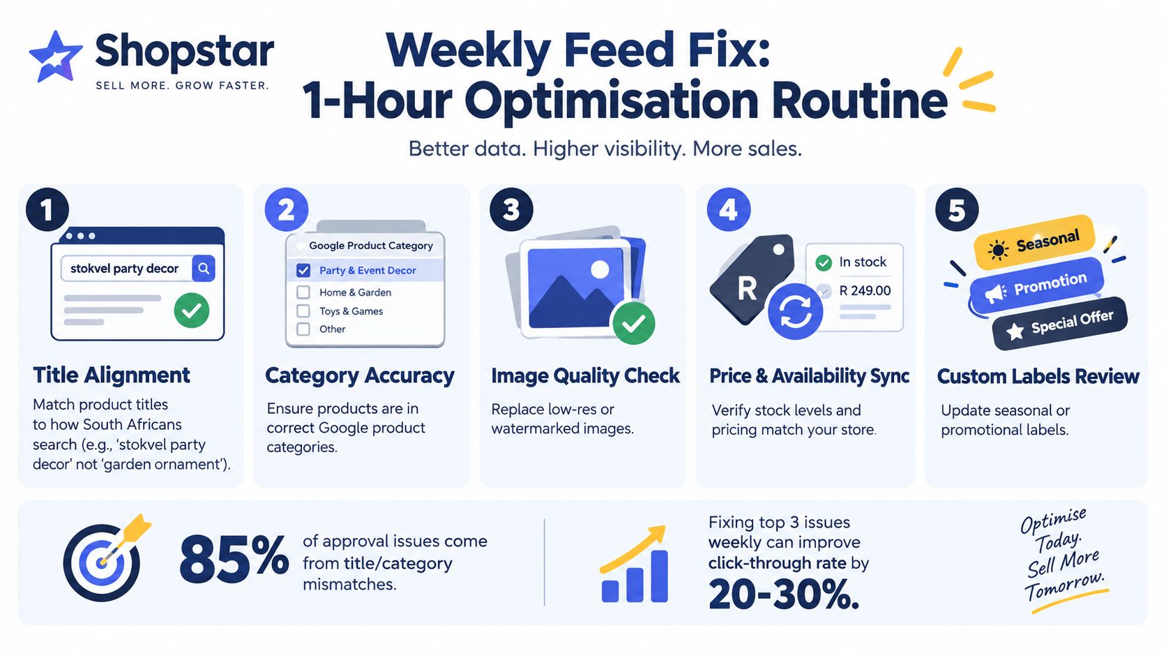A five-step weekly guide for optimizing Google Shopping feeds to increase product visibility and sales performance.