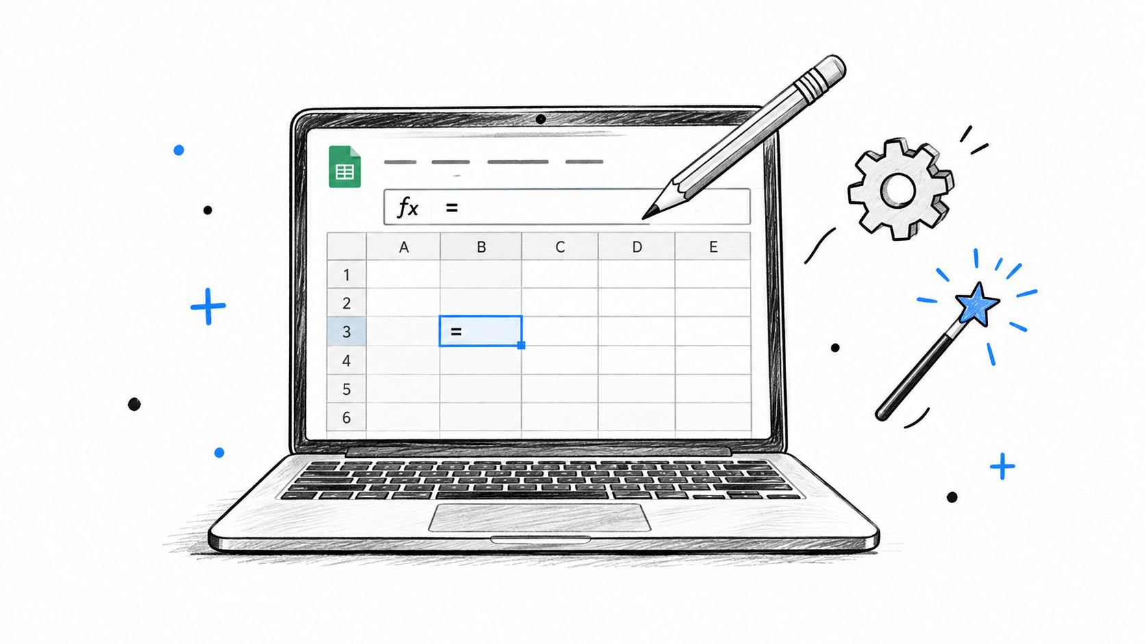 A sketched illustration of a laptop screen displaying a spreadsheet application with a pencil and magic wand icon.