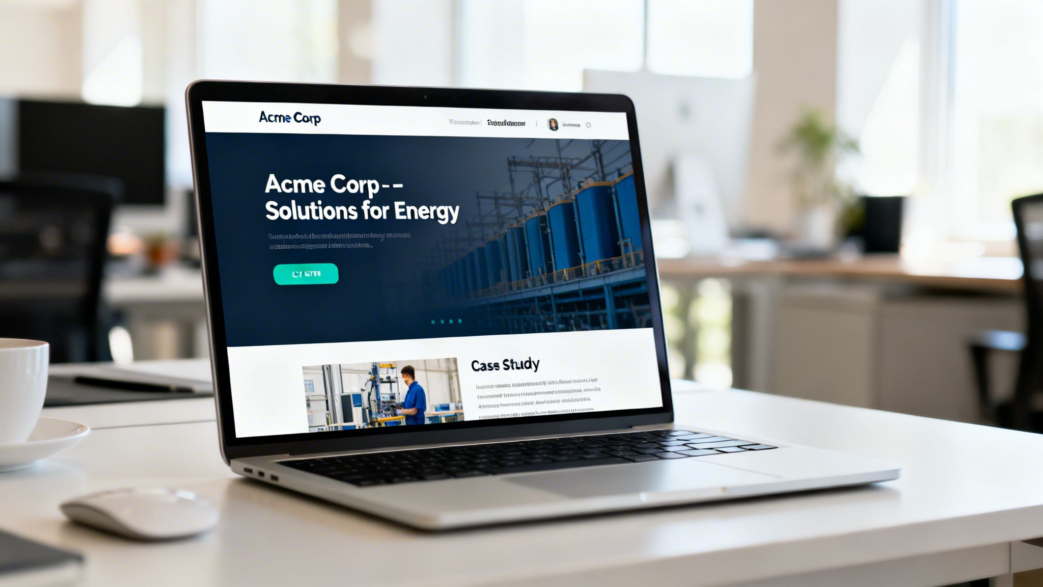 Laptop showing Acme Corp's website for energy solutions and a case study, set on an office desk.