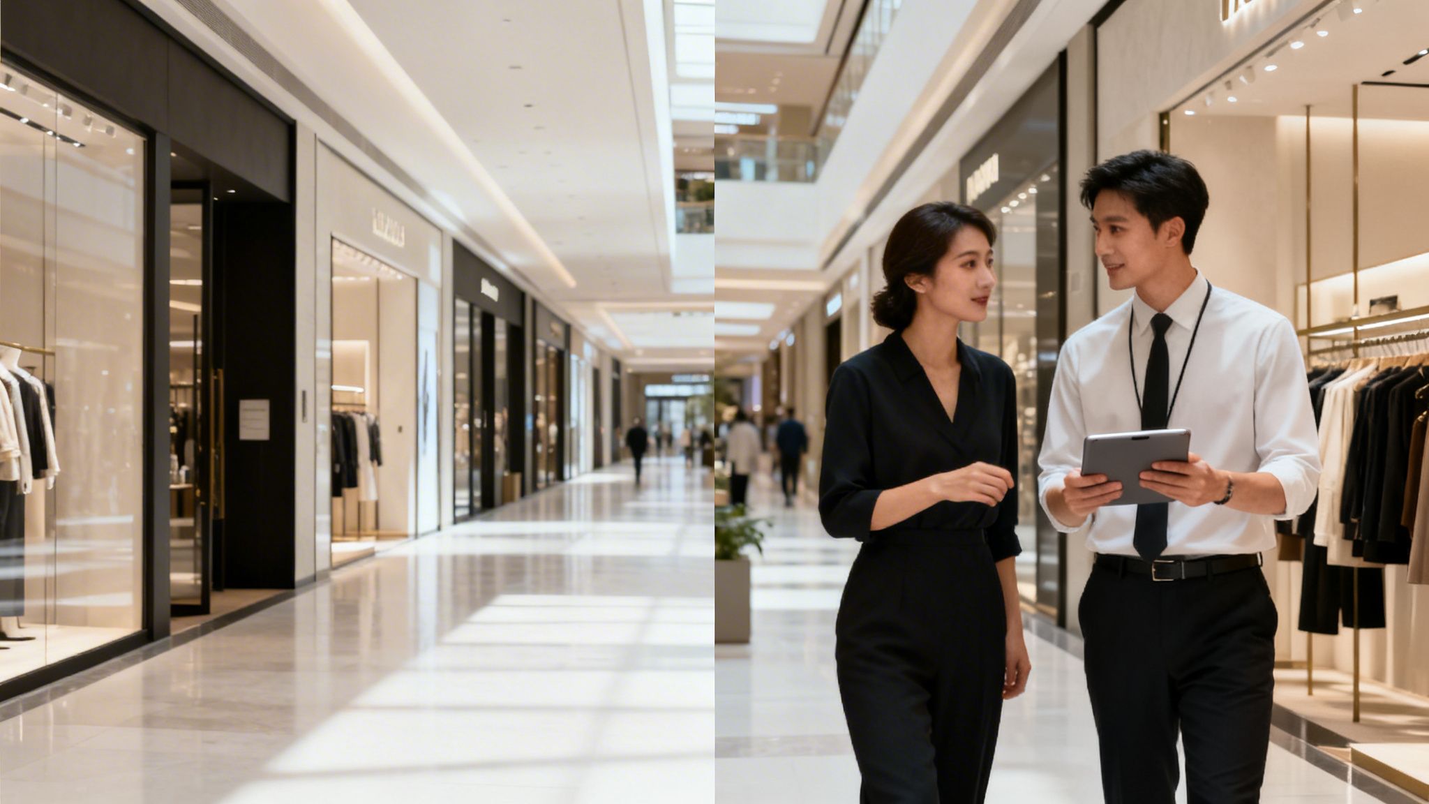Two business colleagues discuss on a tablet in a modern, luxury shopping mall environment.
