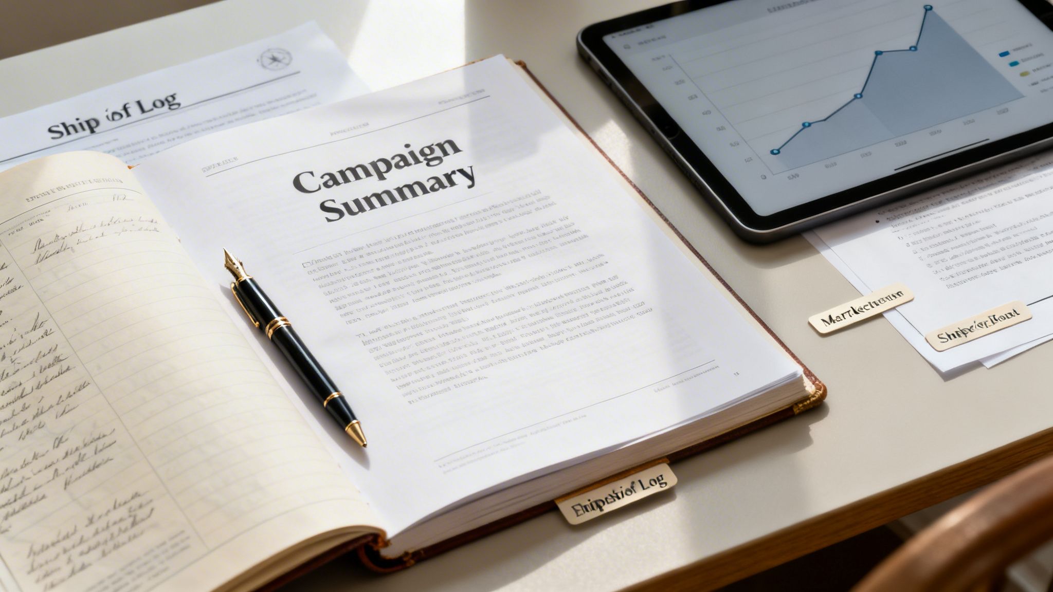 Overhead shot of marketing reports, a tablet showing a graph, and a handwritten logbook with a fountain pen.