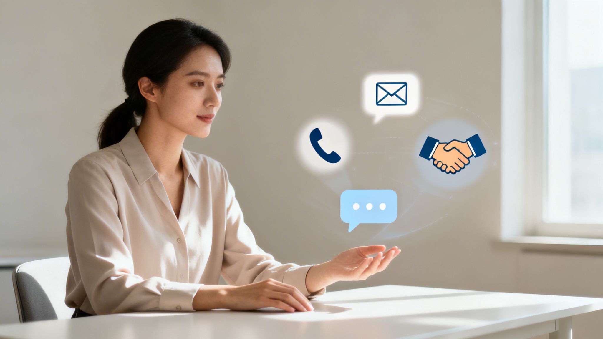 A woman interacts with floating icons for phone, chat, email, and handshake, representing multichannel communication.