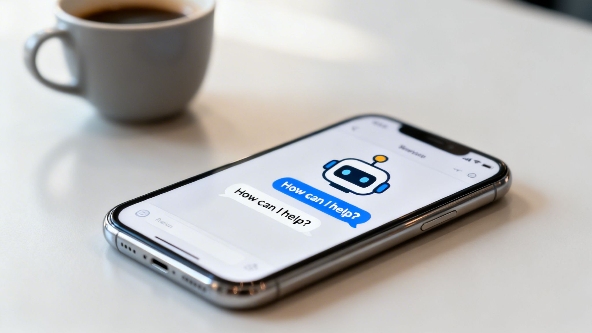 A smartphone shows a chatbot icon and conversation with the text 'How can I help?' on a table with a coffee cup.