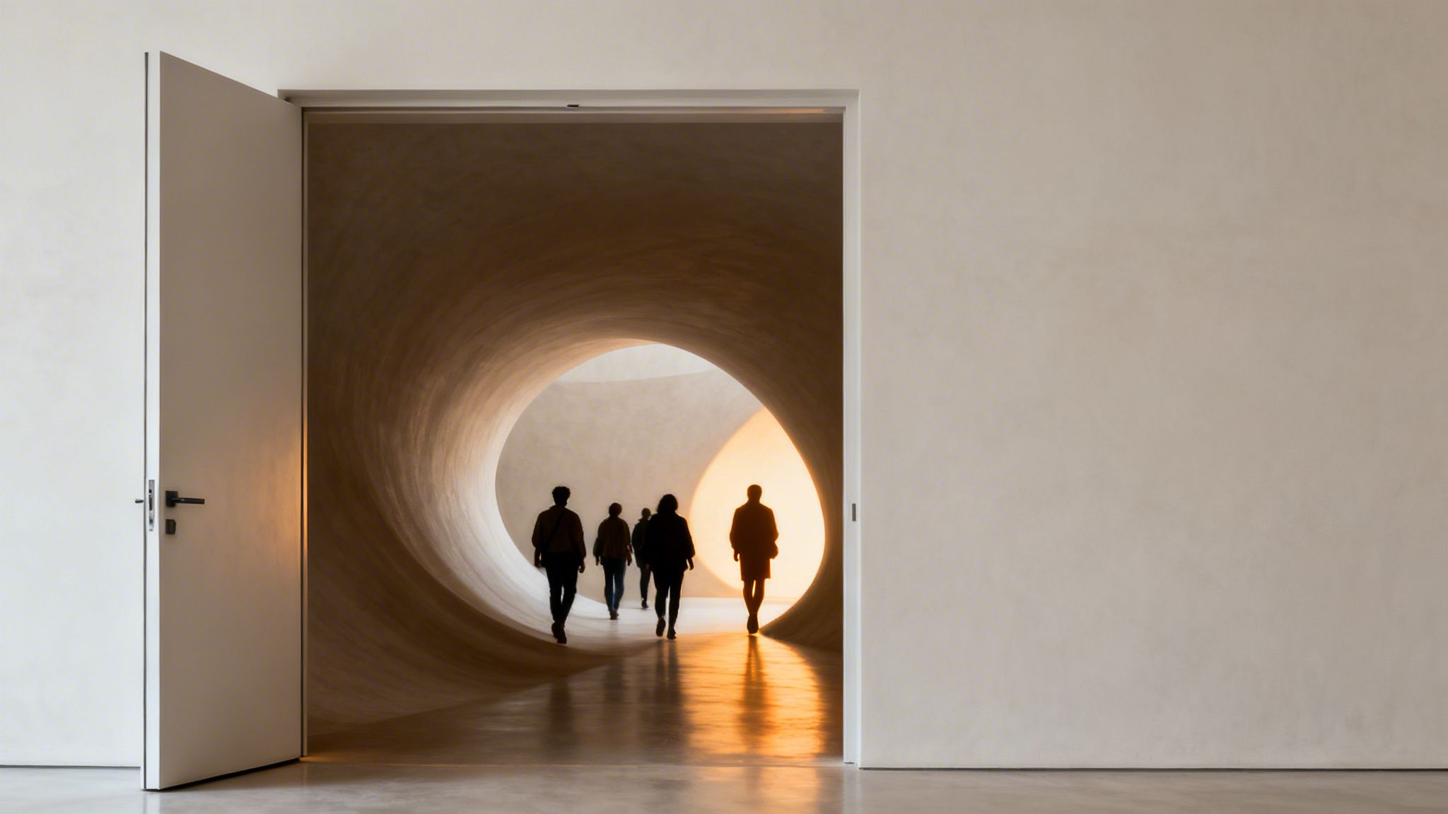 Silhouetted people walk through a modern, curvilinear hallway with bright light at the end.