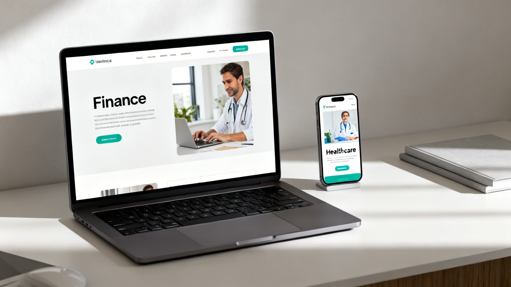 A laptop displaying a 'Finance' page and a smartphone showing a 'Healthcare' page on a desk.