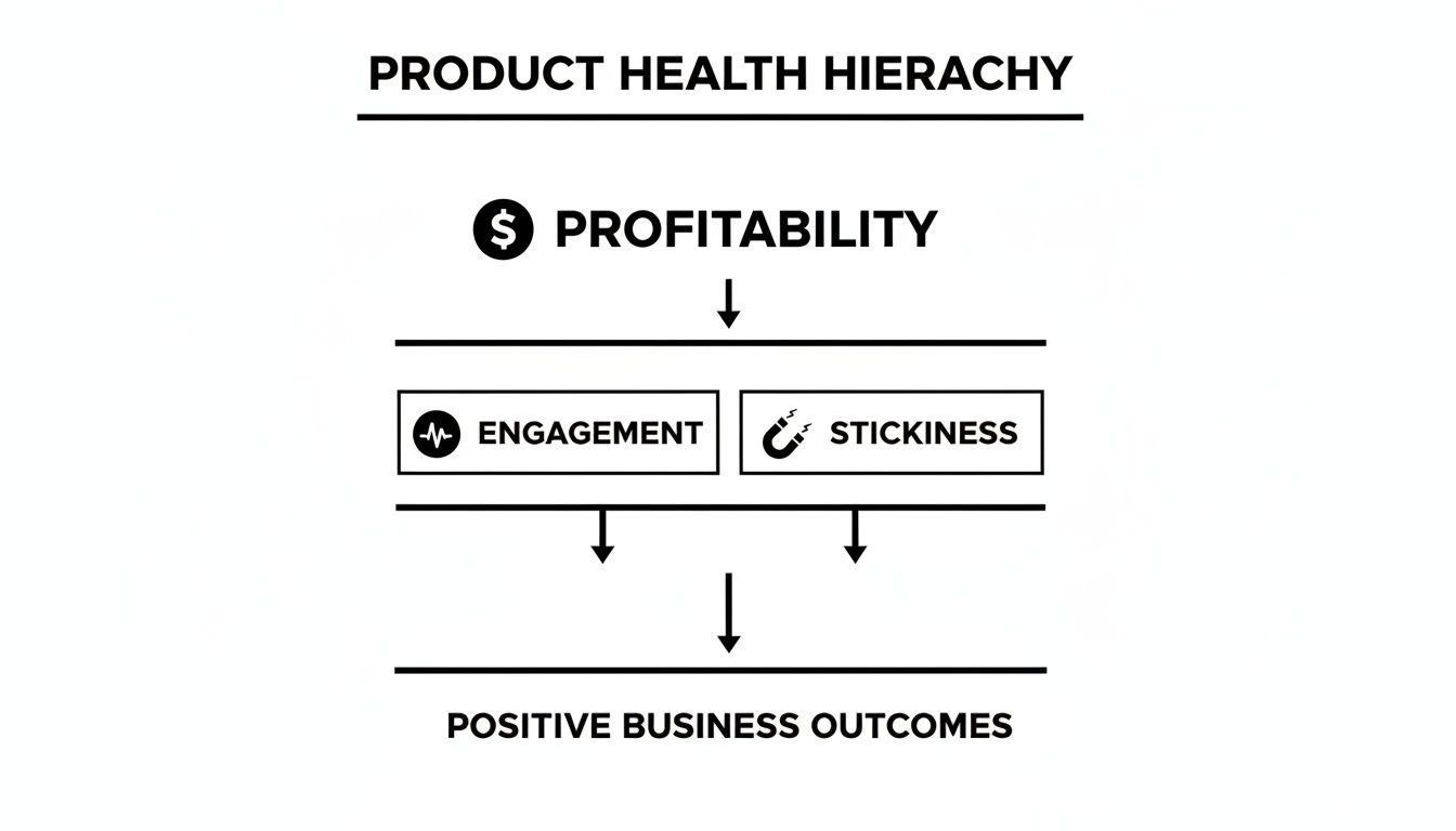A product health hierarchy diagram showing profitability leading to engagement and stickiness, which then drive positive business outcomes.