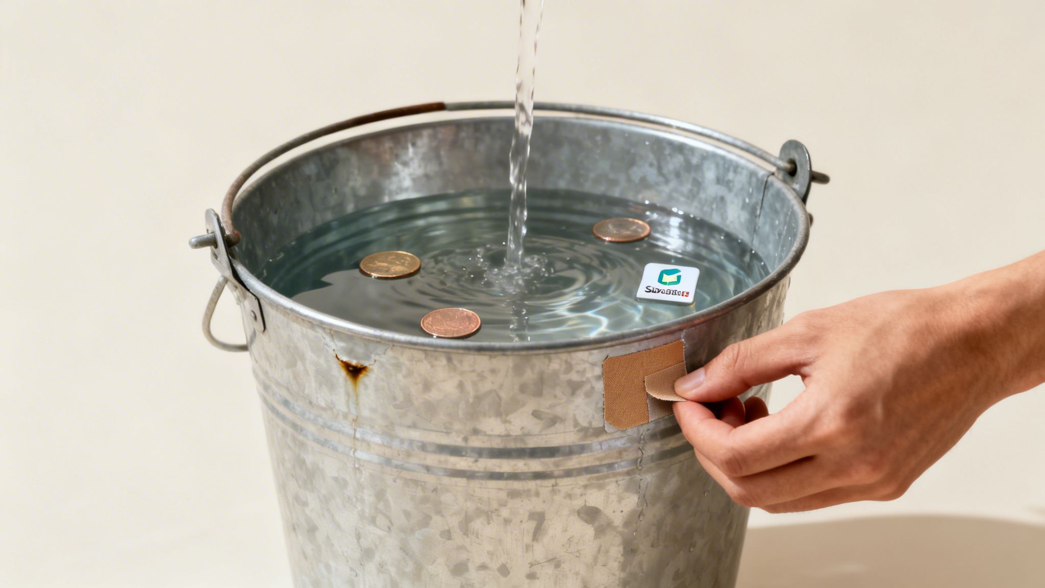 A hand applies a band-aid to a rusty, leaking metal bucket being filled with water, containing coins and a SlackBites logo.