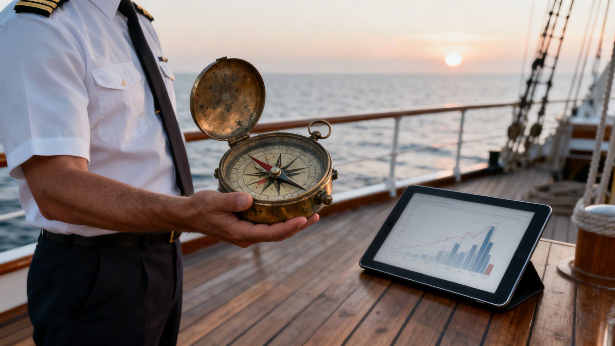 Captain holding an antique brass compass on a ship deck with a tablet displaying a graph at sunset.