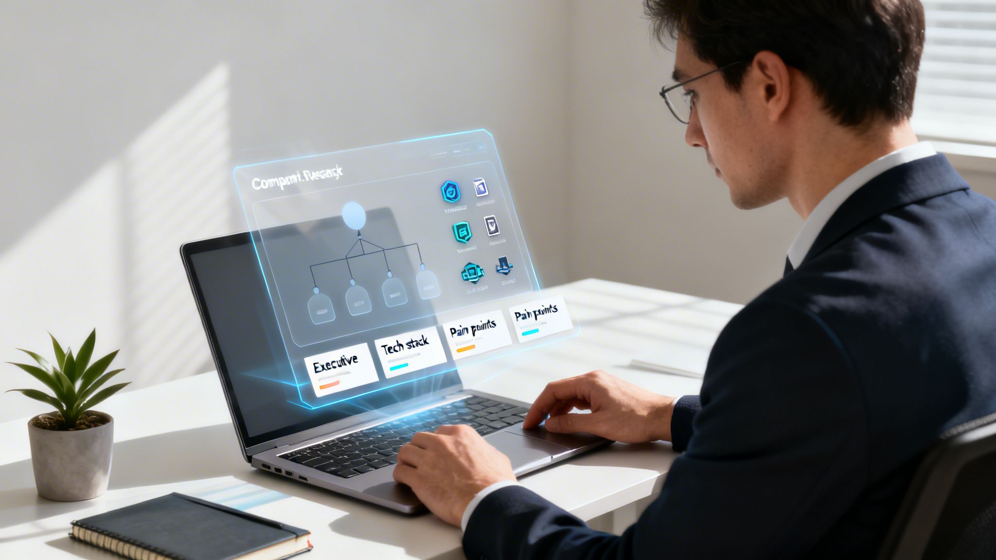 Professional man analyzing company research on a laptop with a futuristic holographic display in an office.