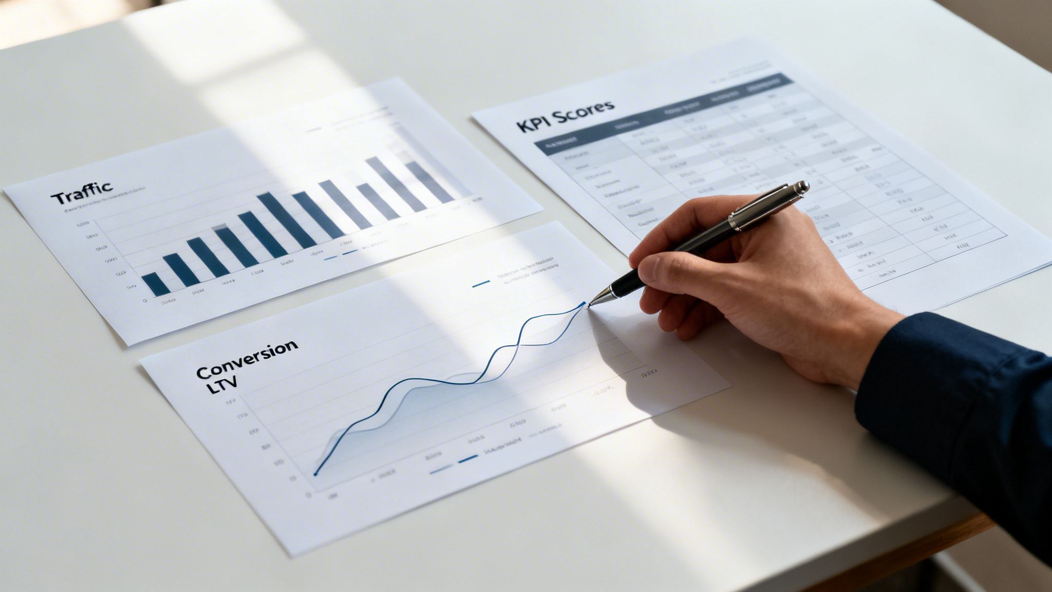 A hand with a pen reviewing marketing performance reports, including traffic, conversion, and KPI scores, on a sunny desk.