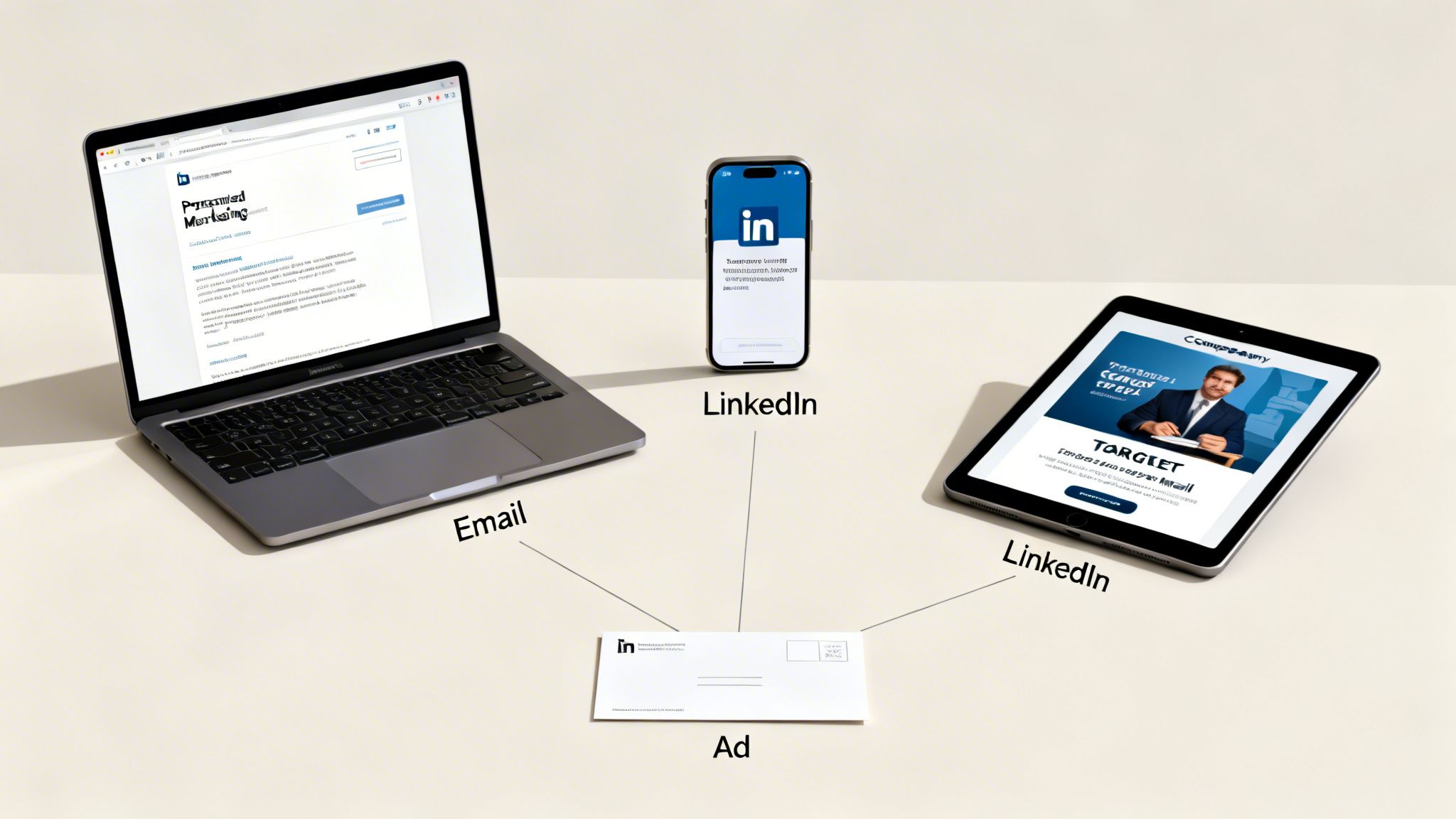 Multiple devices and a mail ad illustrating integrated multi-channel marketing strategies, including email and LinkedIn.