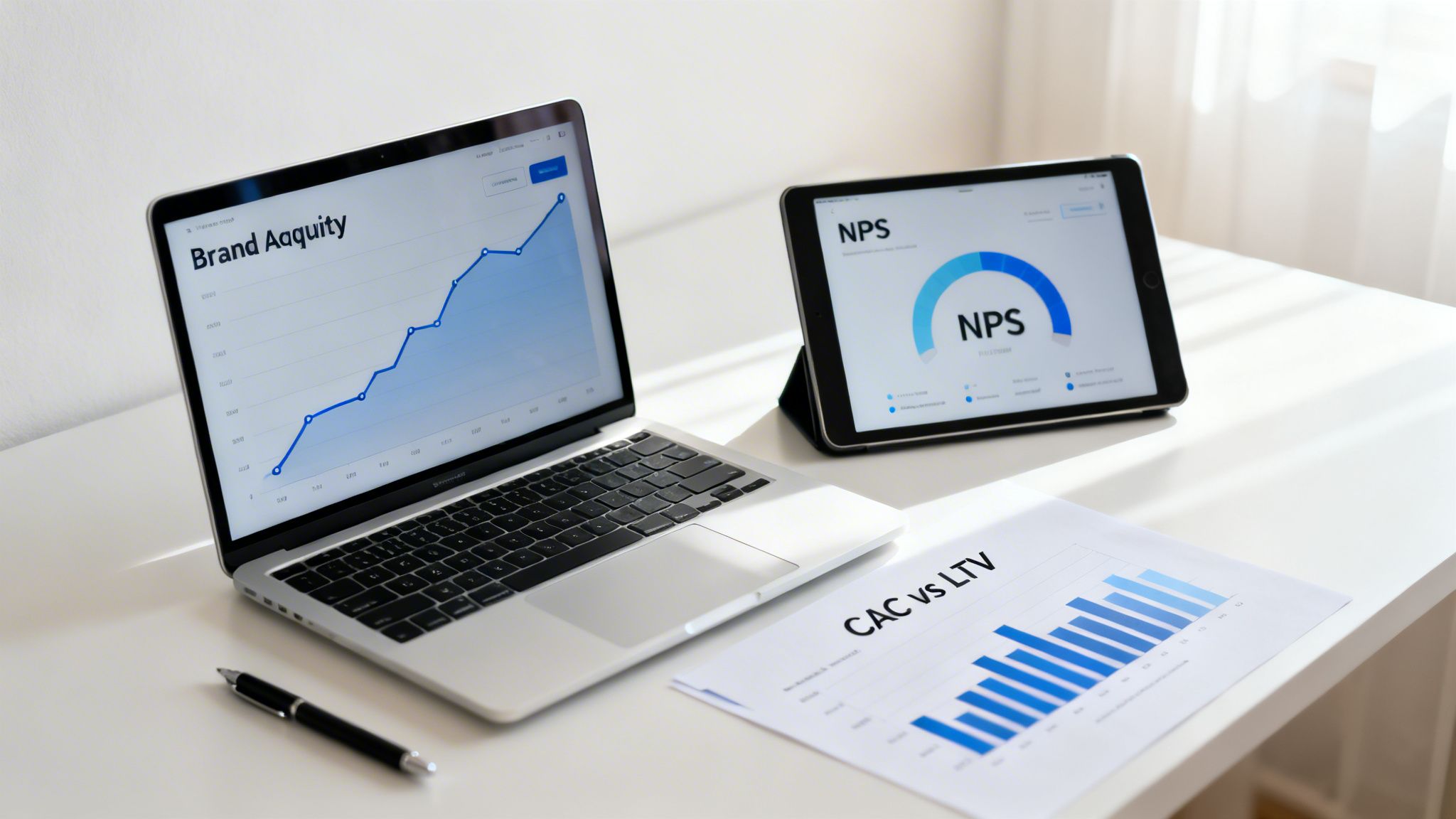 A modern office desk with a laptop, tablet, and document displaying business analytics.
