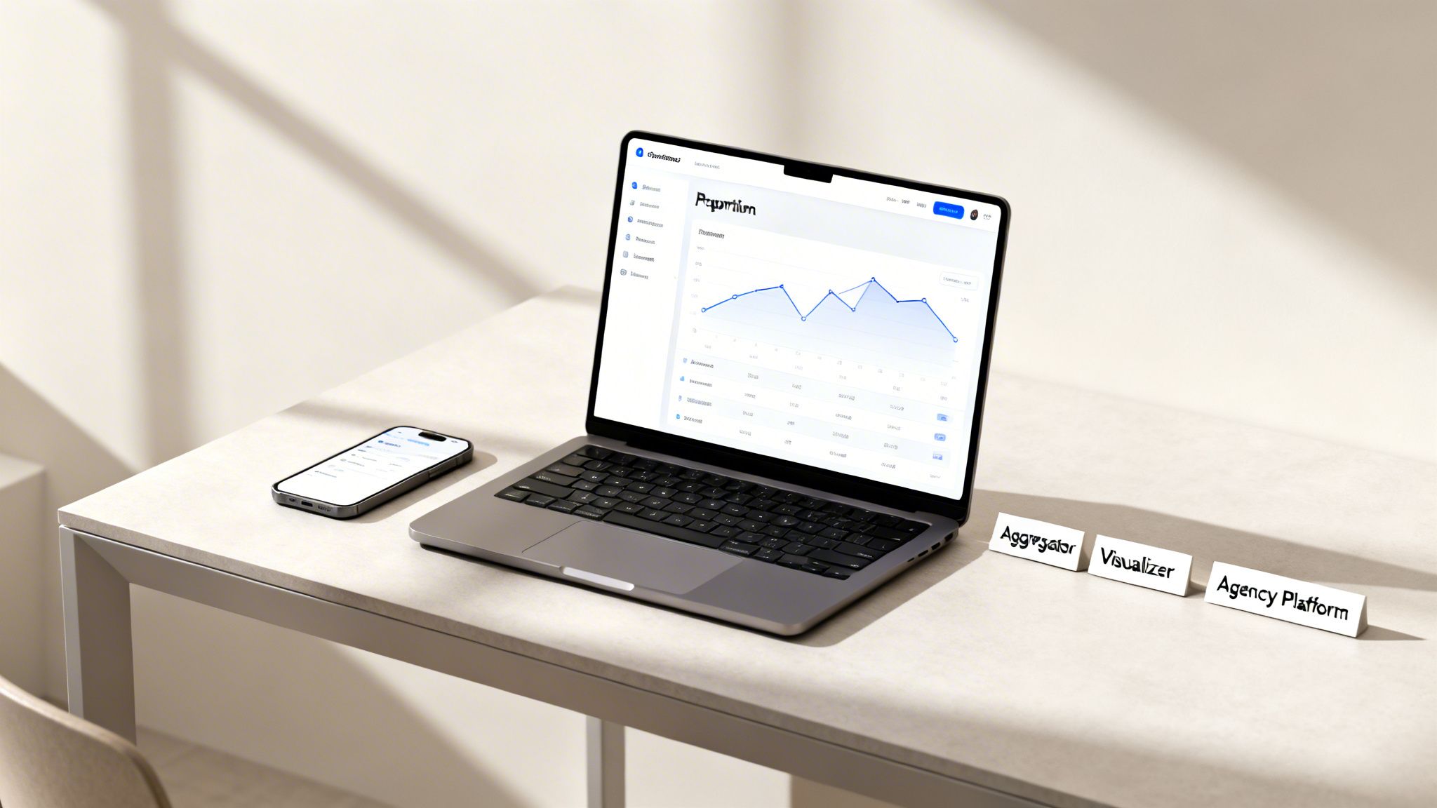 A laptop displaying a dashboard, a phone, and agency platform labels on a modern desk.