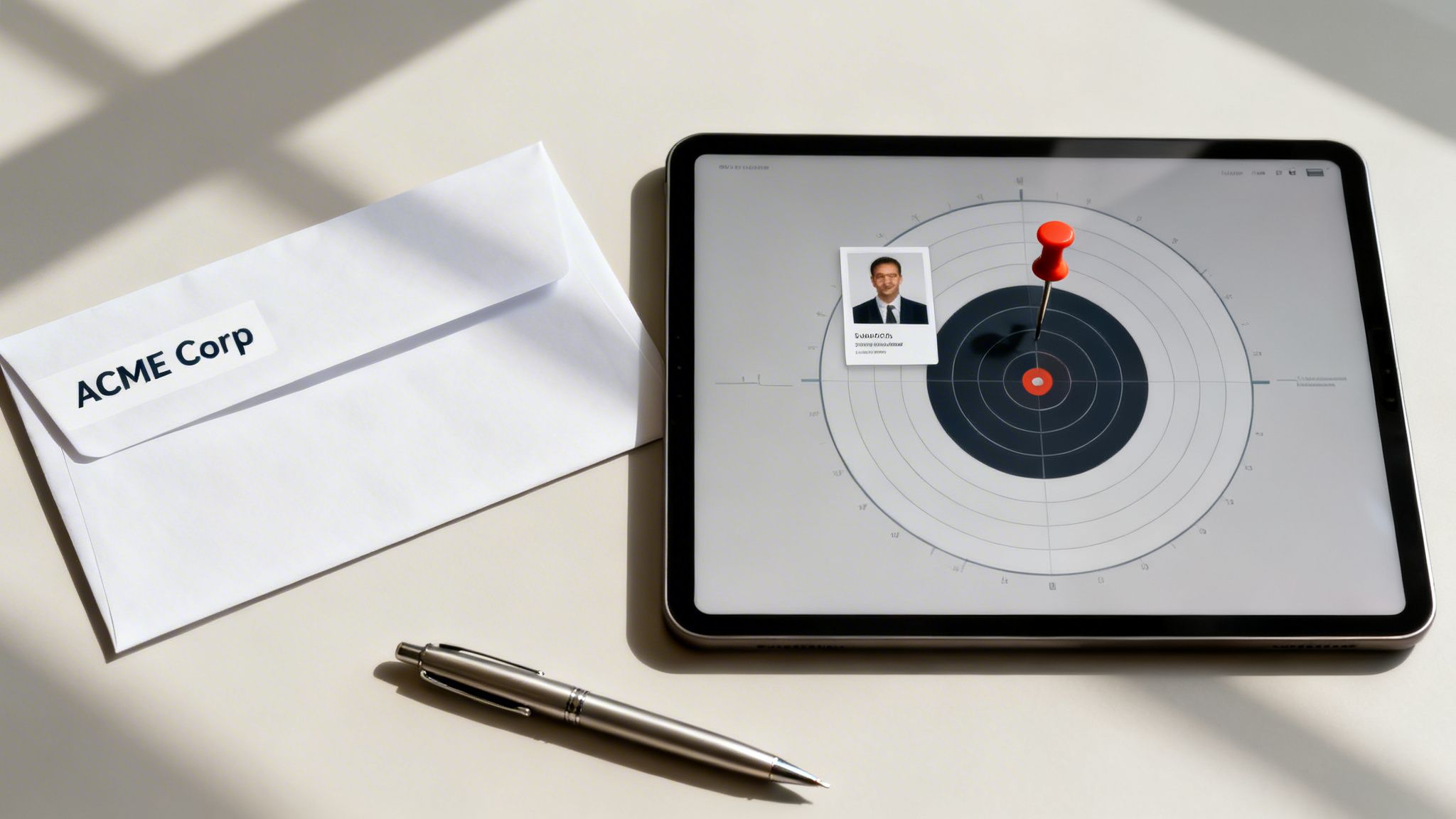 A white ACME Corp envelope, a tablet displaying a target with a thumbtack, and a pen on a desk.