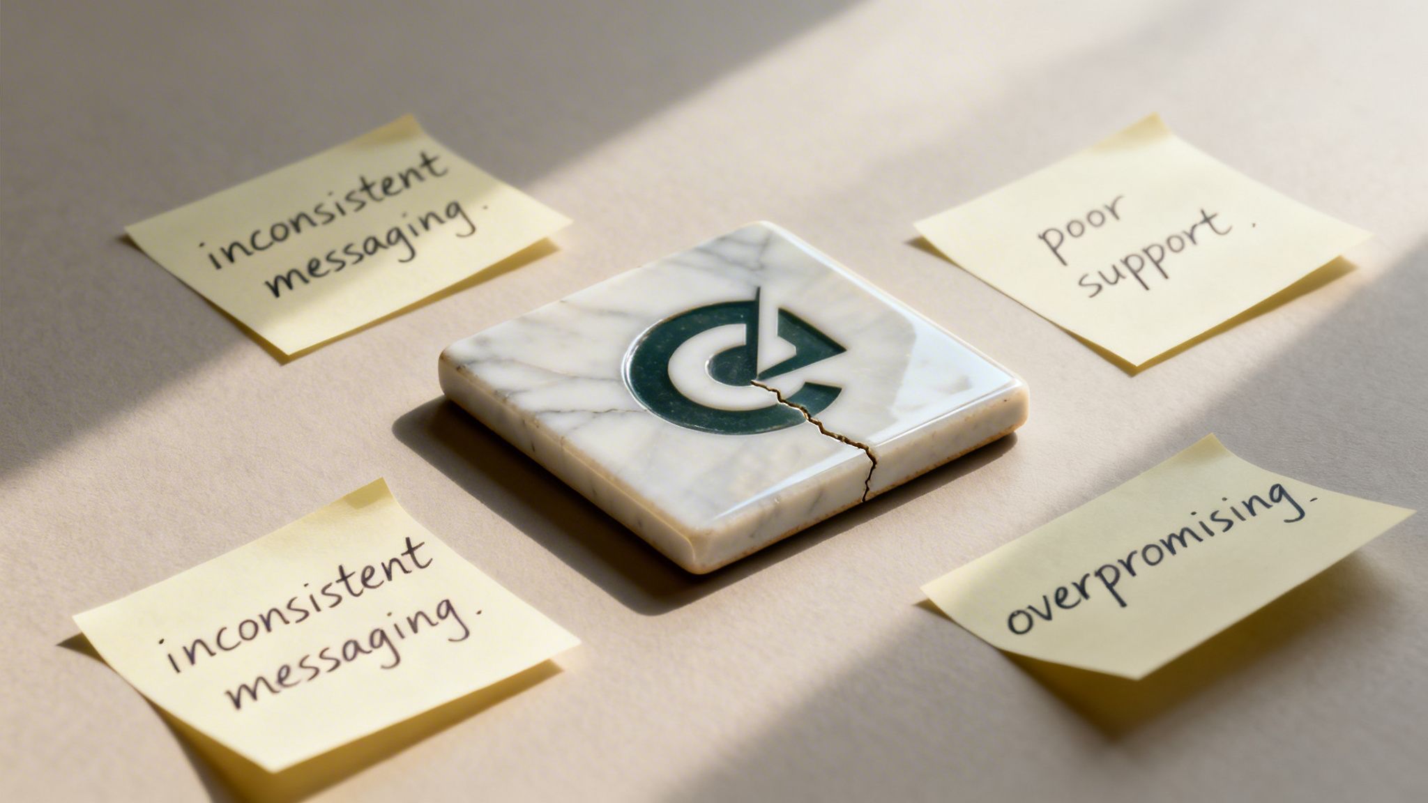 A broken marble tile with a brand logo, surrounded by sticky notes detailing brand issues.