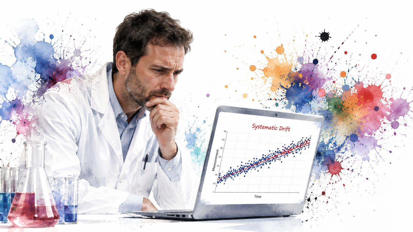 A male scientist in a white coat looks thoughtfully at a laptop screen showing a systematic drift graph.