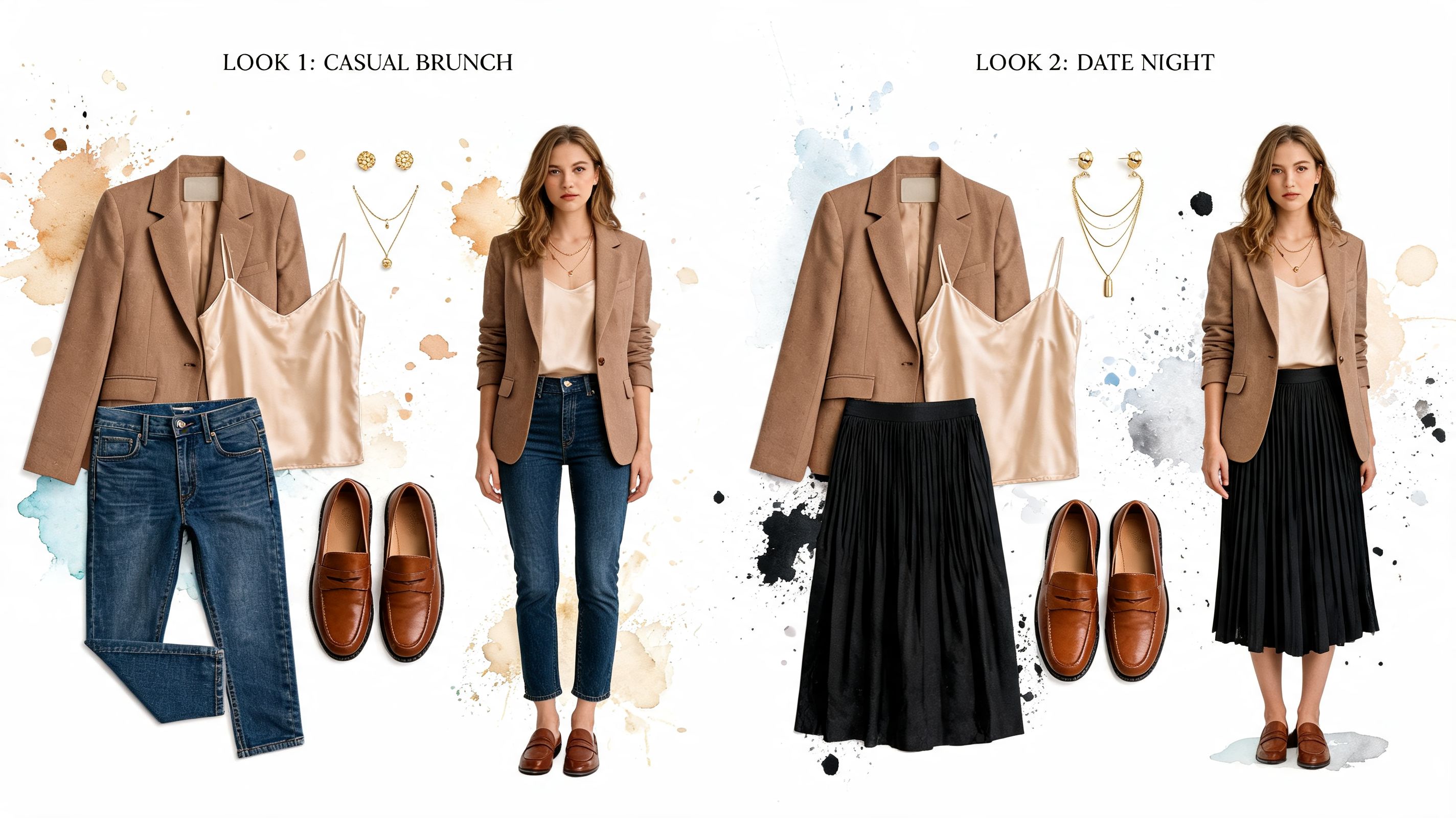 A fashion collage showing two upscale casual outfits featuring a blazer, camisole, and different bottoms.