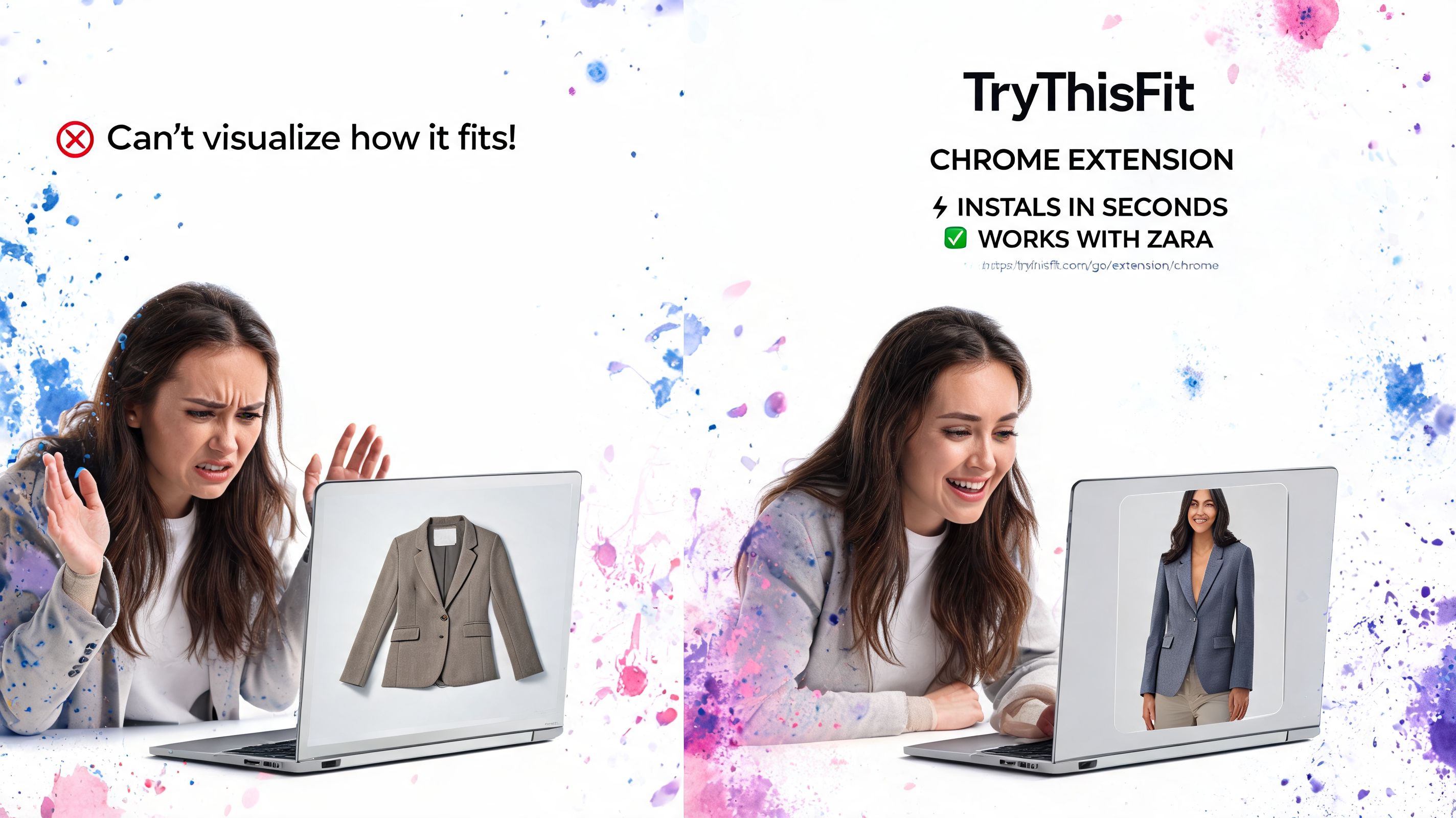 A woman choosing clothes online comparing flat images to a realistic virtual try-on on her laptop screen.