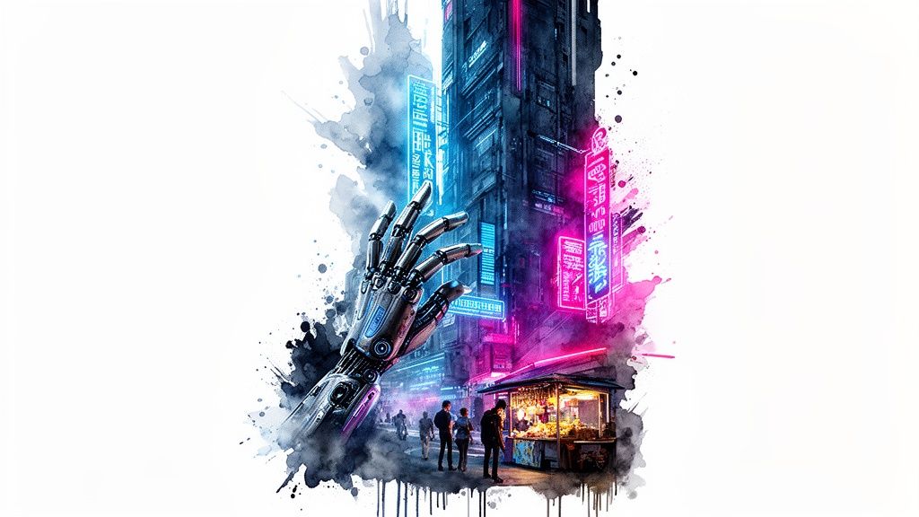 A watercolor illustration depicting a large robotic hand reaching into a cyberpunk city with vibrant neon lights and a street food stall.