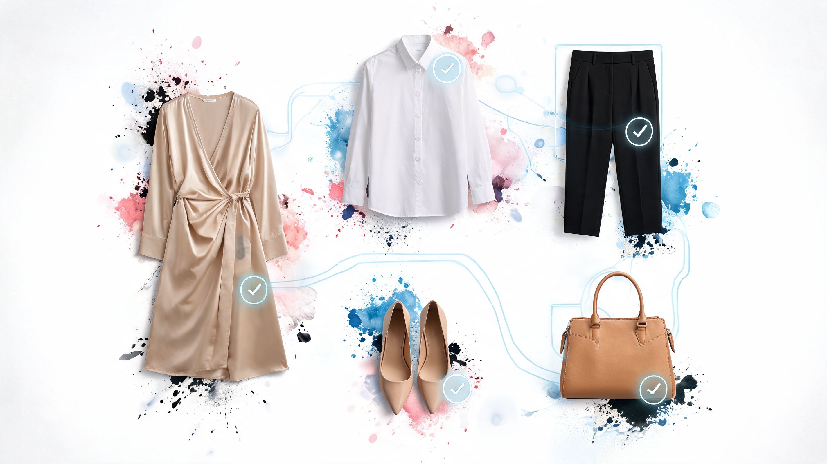 A curated collection of professional women's clothing and accessories presented as a stylish digital fashion outfit layout.