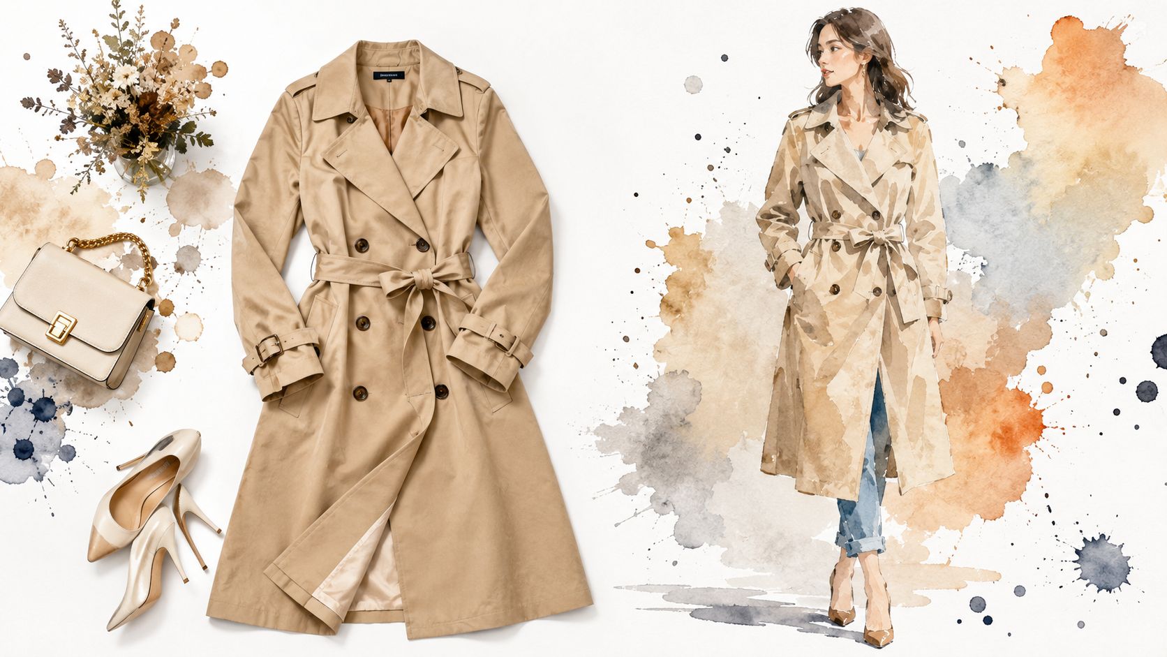 A beige trench coat displayed alongside a watercolor illustration of a woman wearing the same style outfit.