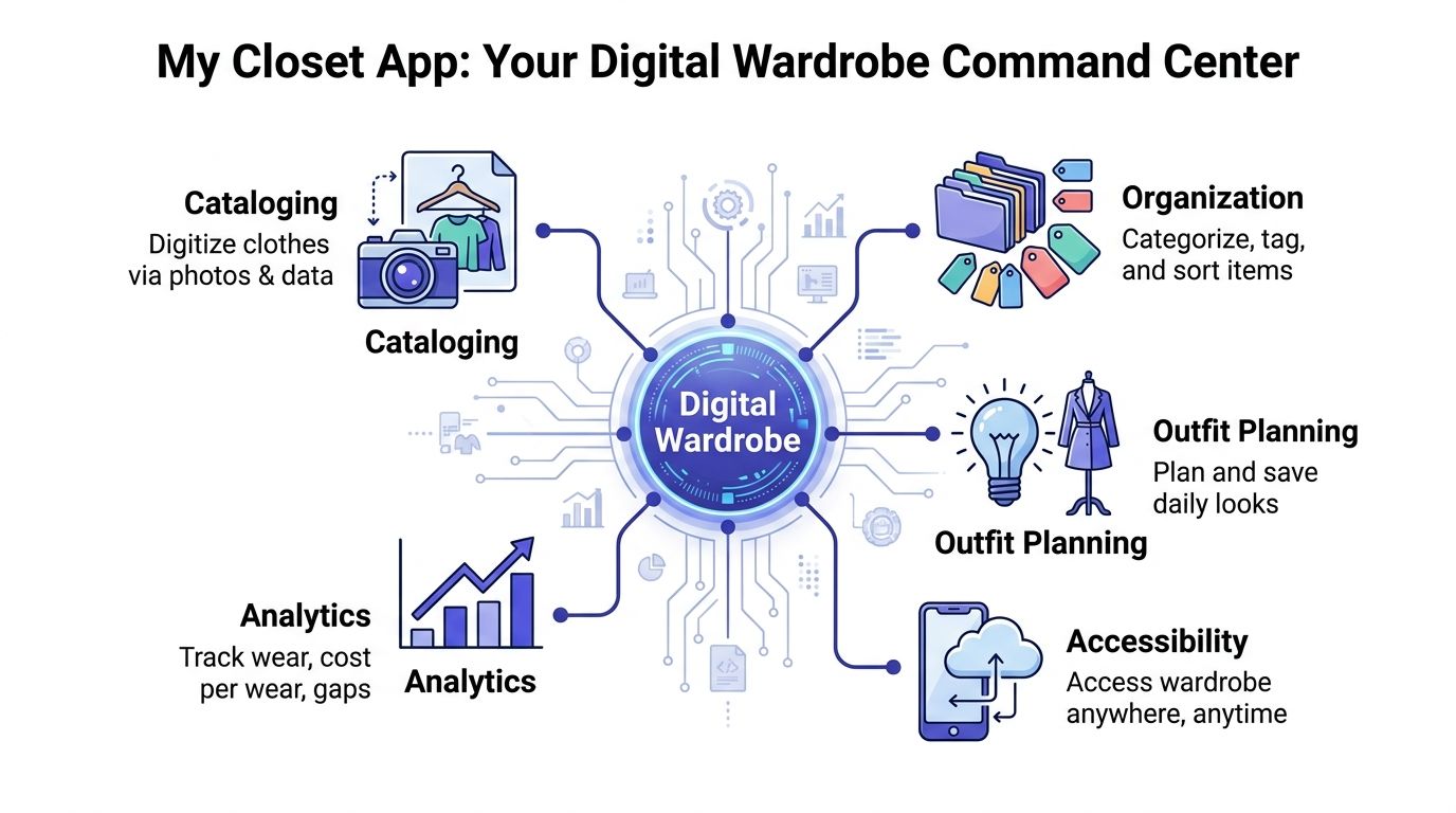 An infographic titled My Closet App showcasing digital wardrobe features like cataloging, organization, planning, analytics, and accessibility.